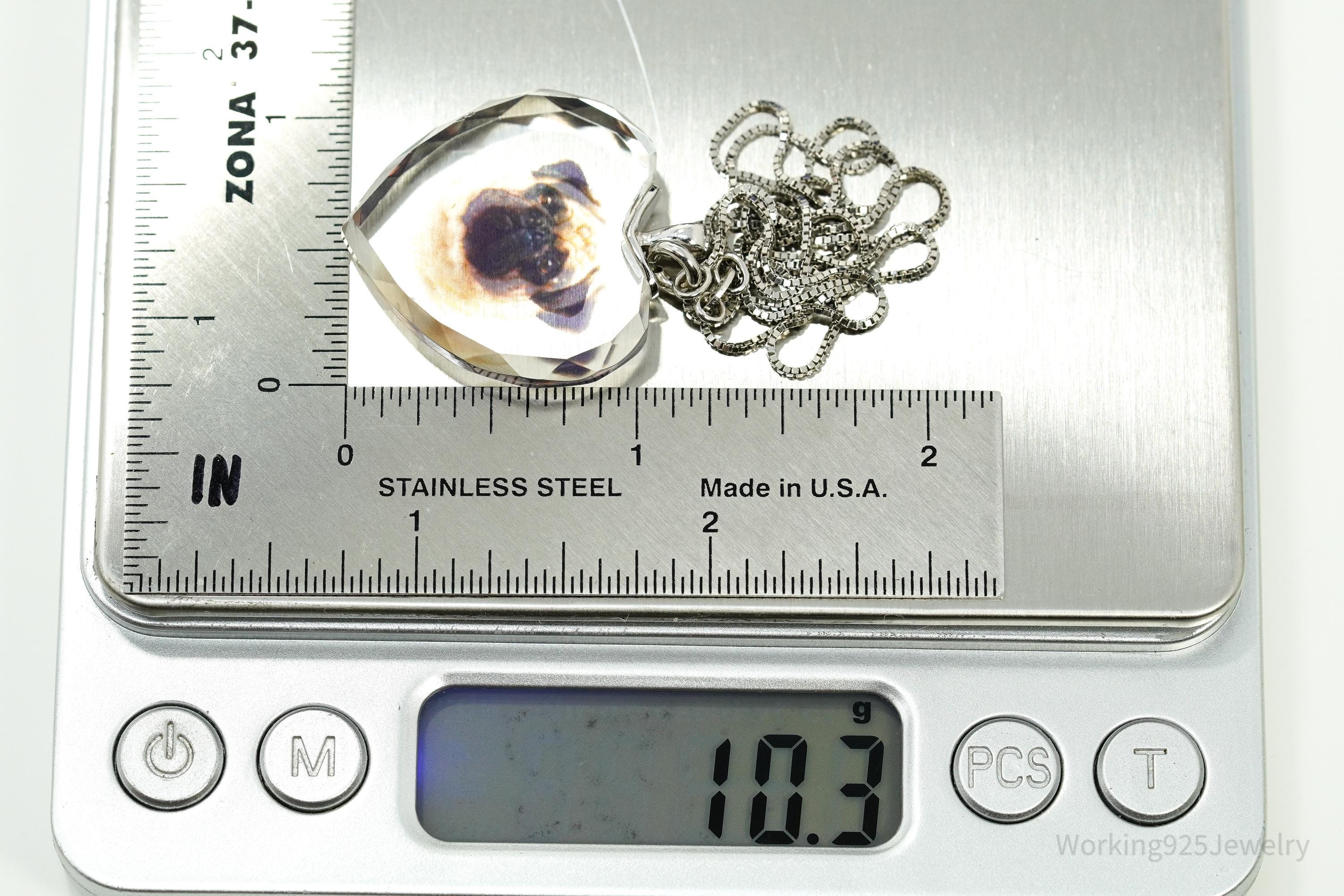 Vintage Bradford Exchange Pug Face Heart Sterling Silver Chain Necklace - 18"
