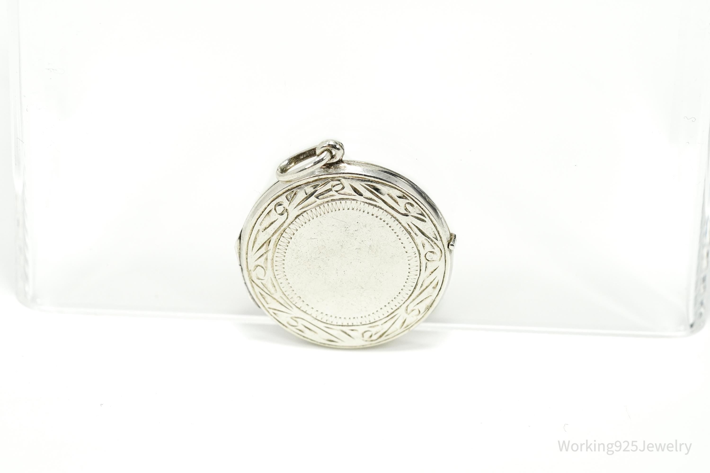 Vintage Round Etched Sterling Silver Locket Pendant