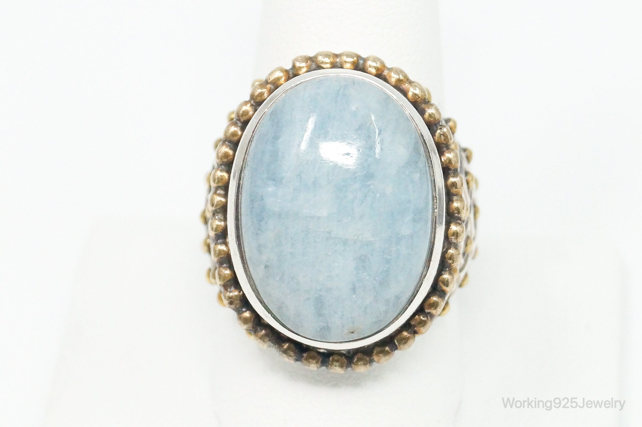 Vintage Large Blue Beryl Sterling Silver Brass Ring - Size 10