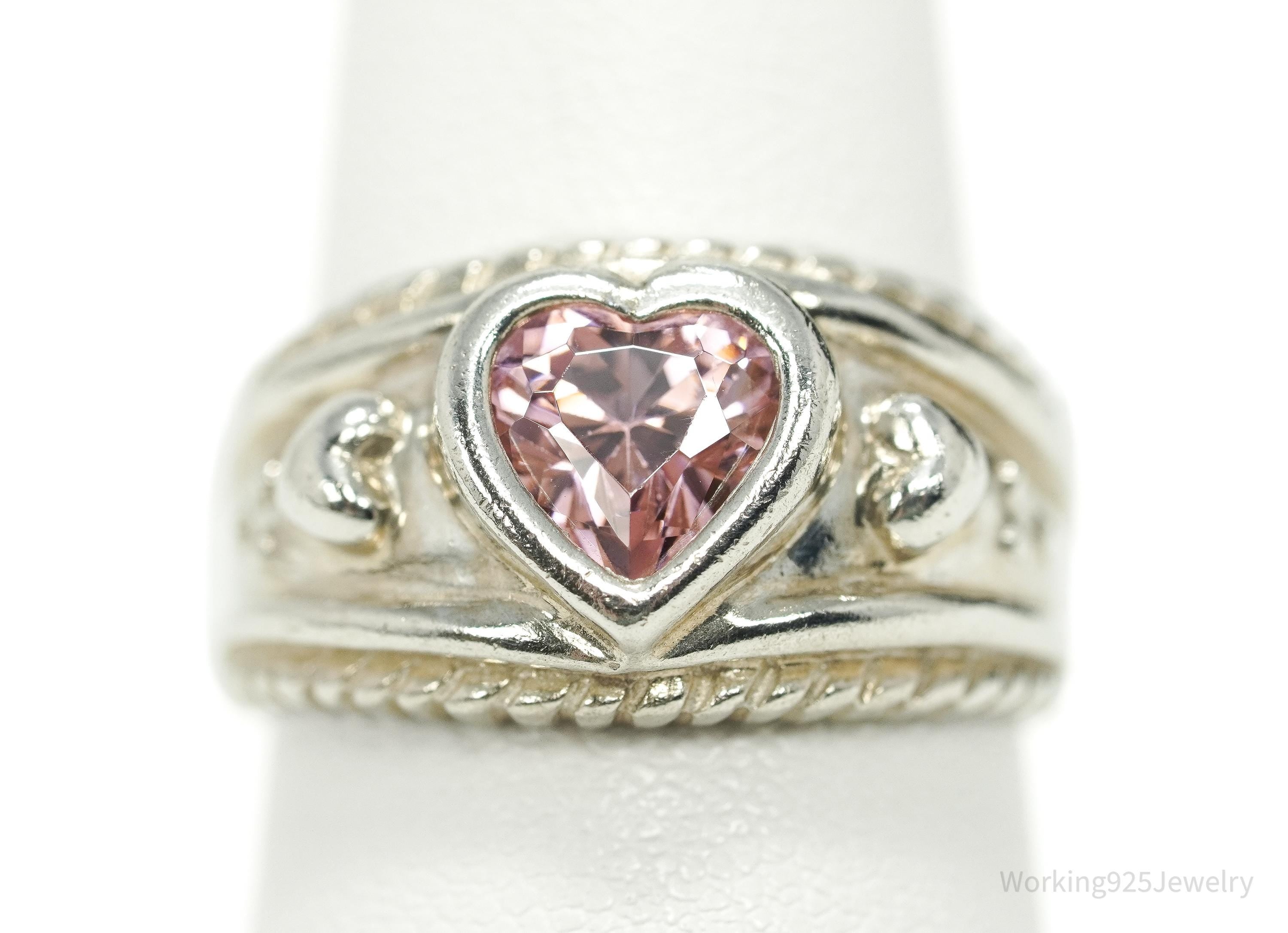 Vintage Pink Cubic Zirconia Heart Sterling Silver Ring - Size 7
