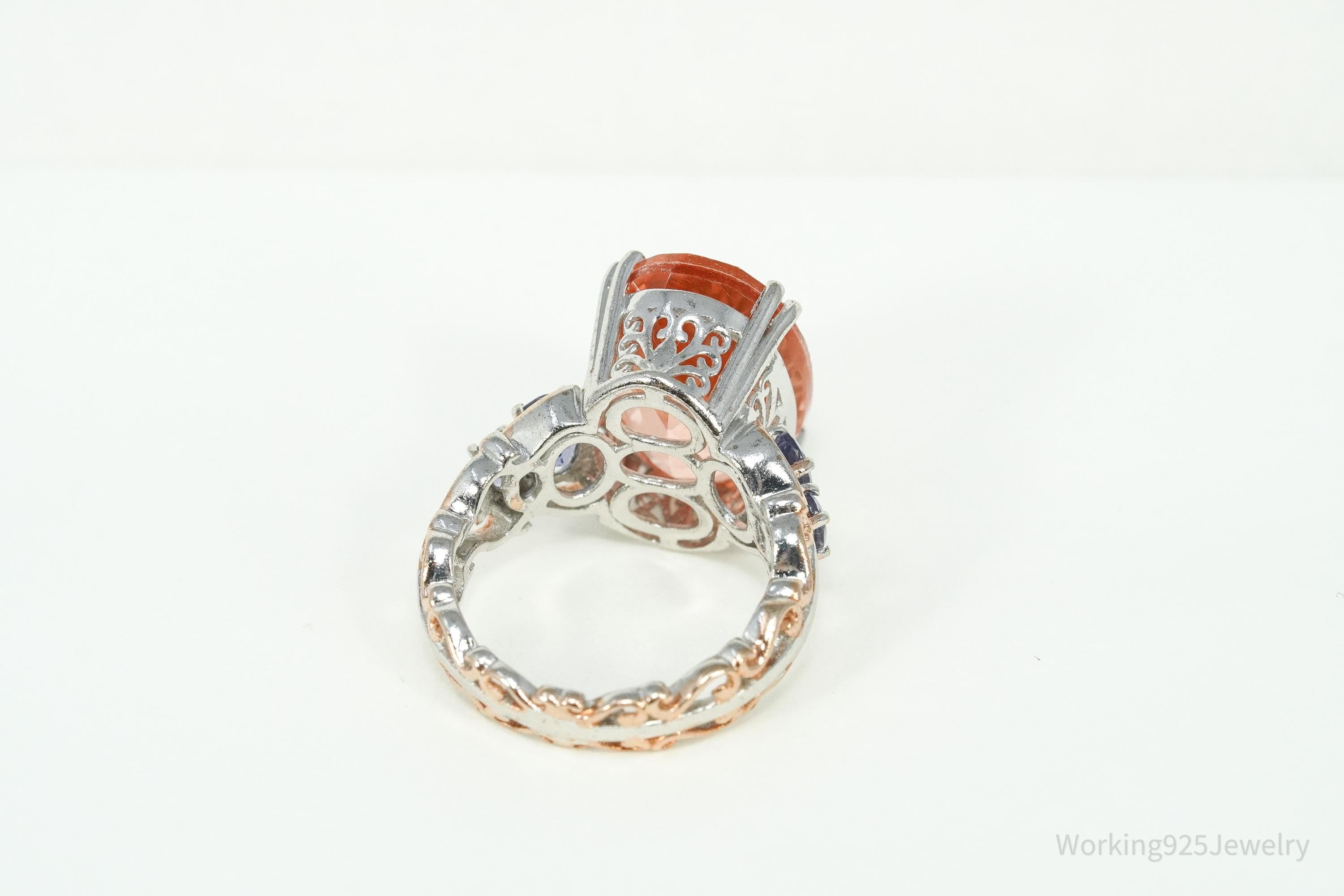 Vintage Chuck Clemency Peach Quartz & Iolite Rose Gold Plated Sterling Silver Ring - Size 8.25