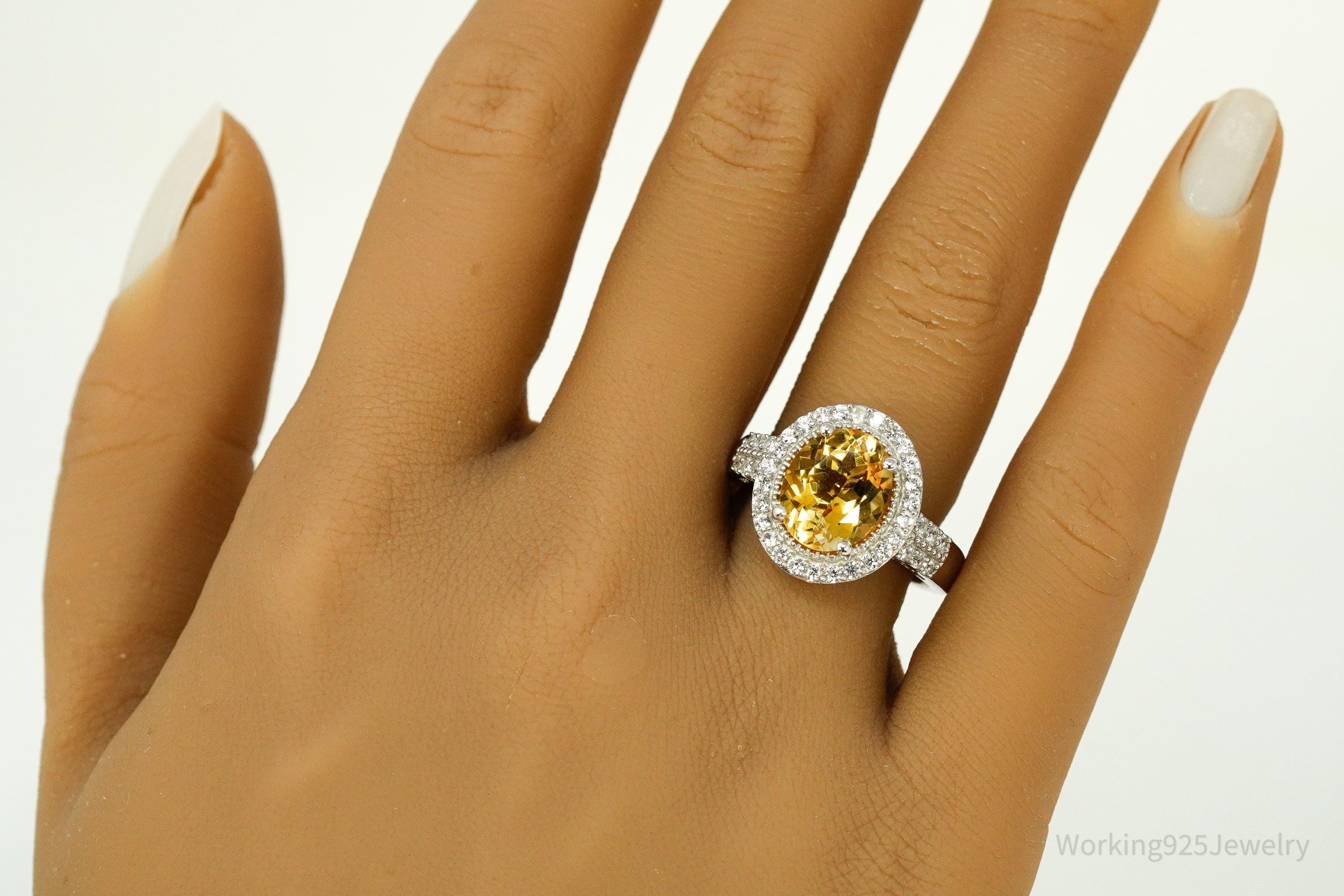 Vintage Large Citrine & Cubic Zirconia Sterling Silver Statement Ring - Size 8