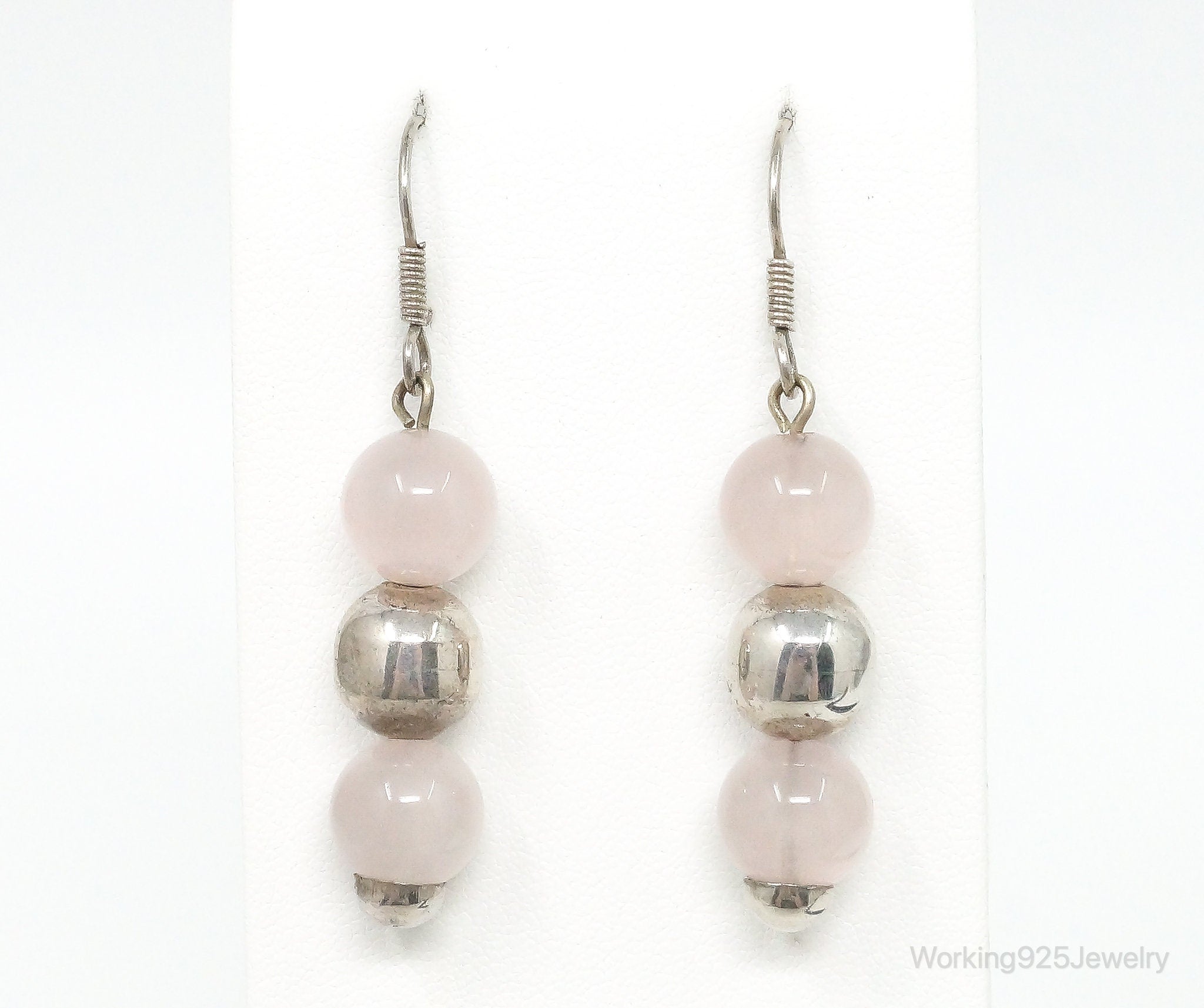 Vintage Rose Quartz Sterling Silver Dangle Earrings