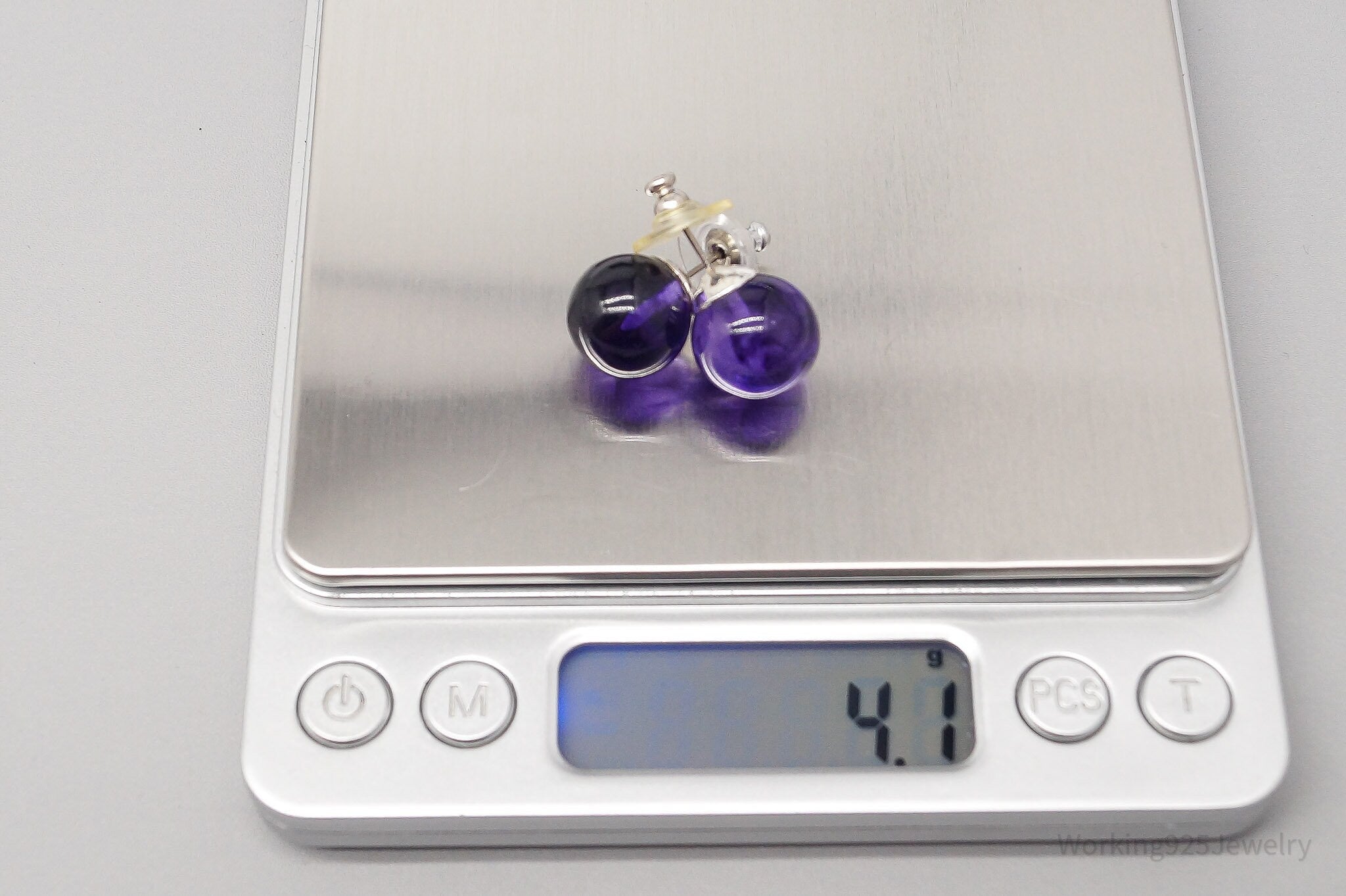 Vintage Large Mid Century Purple Plastic Orbs Silver Earrings