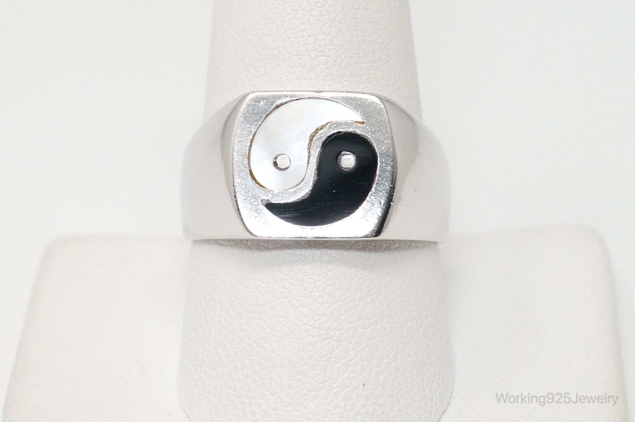 VTG Designer MD Yin Yang Onyx Mother Of Pearl Sterling Silver Ring - Sz 10.25