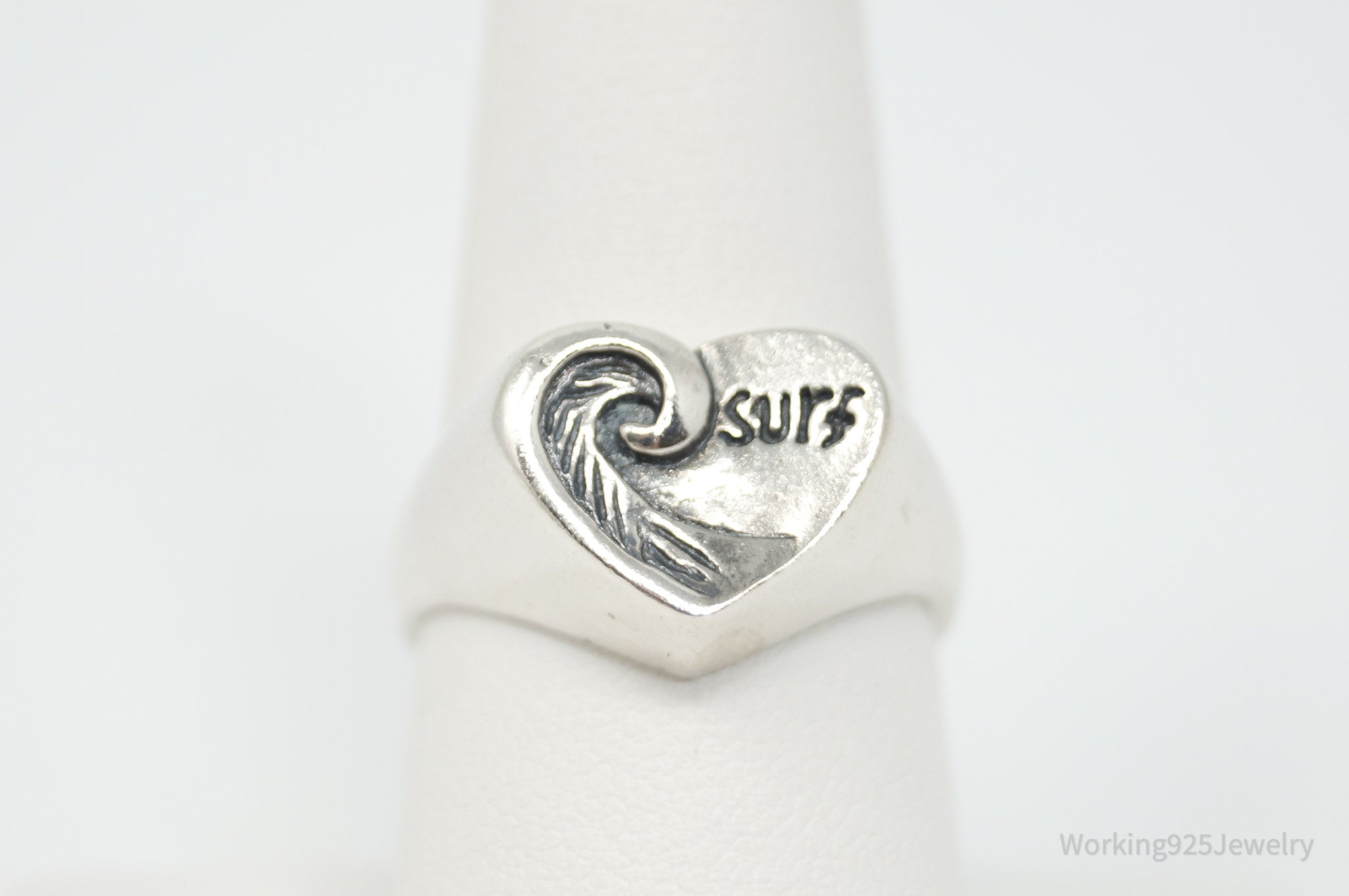 Vintage Surfs Up Wave Lover Sterling Silver Heart Ring - Sz 8.5