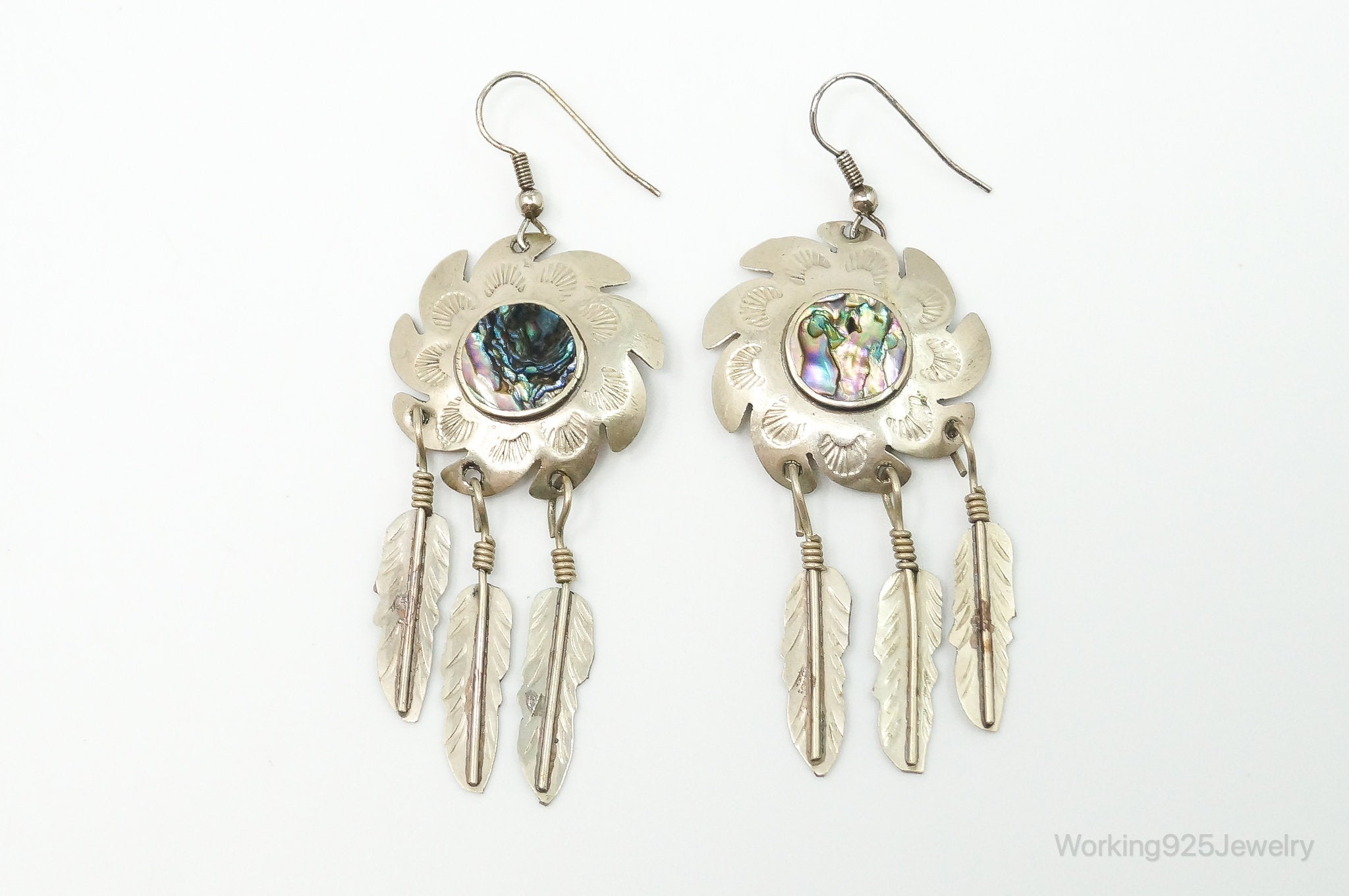 Vintage Mexico Abalone Shell Dreamcatcher Alpaca Silver Earrings