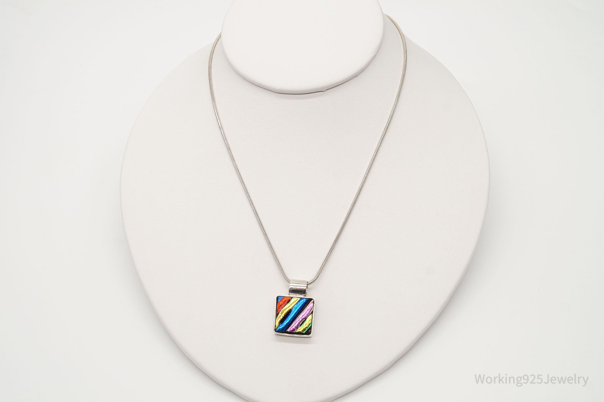 Vintage Rainbow Dichroic Glass Sterling Silver Necklace