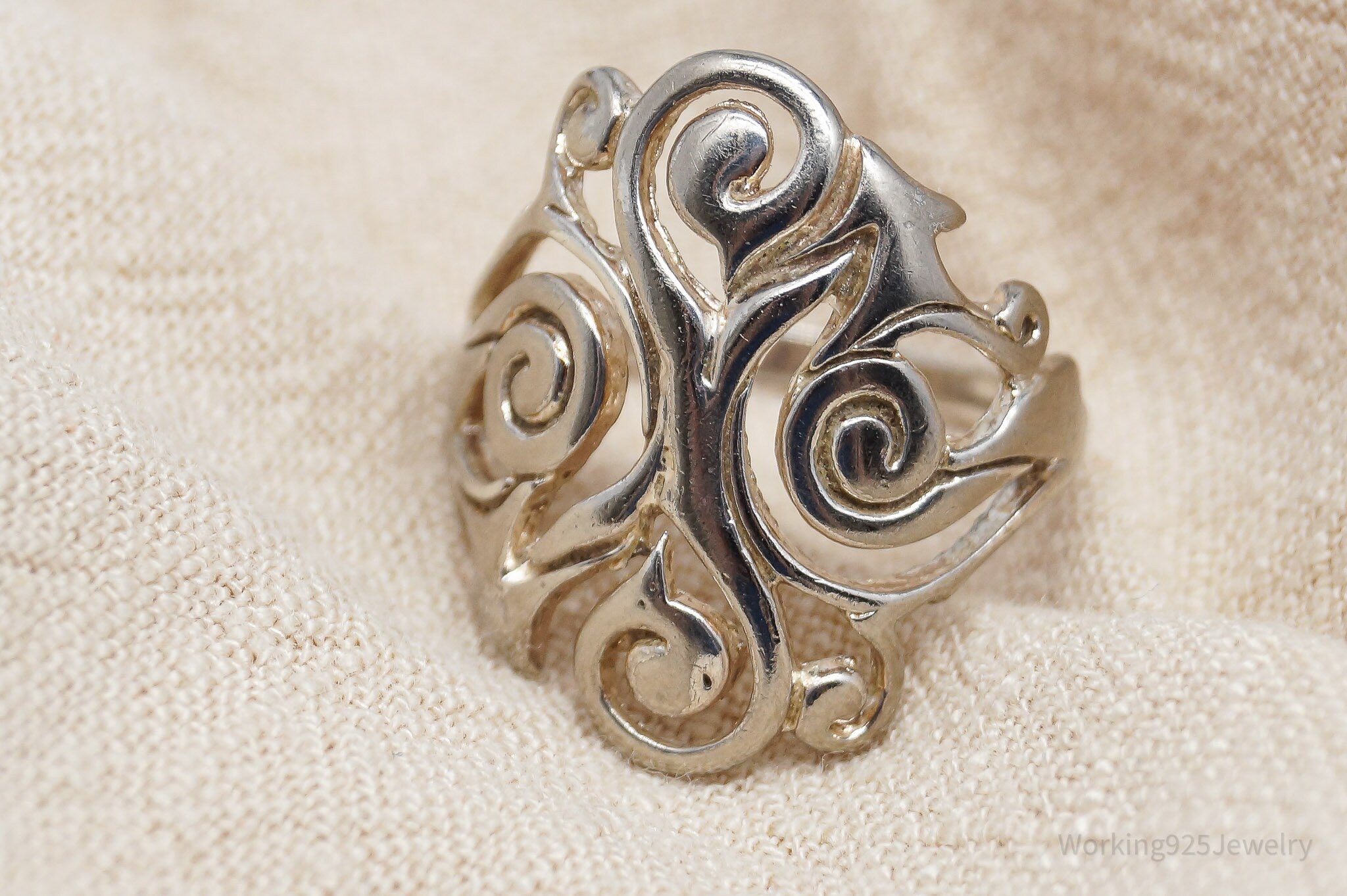 Vintage Scrolls Swirls Openwork Sterling Silver Ring - Size 8