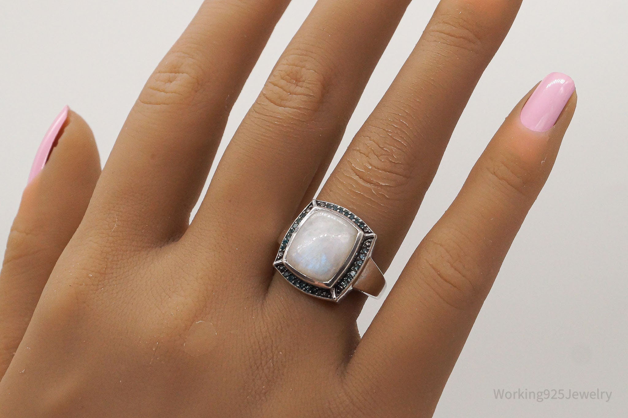 Vintage Moonstone Blue Diamond Sterling Silver Ring - Size 7