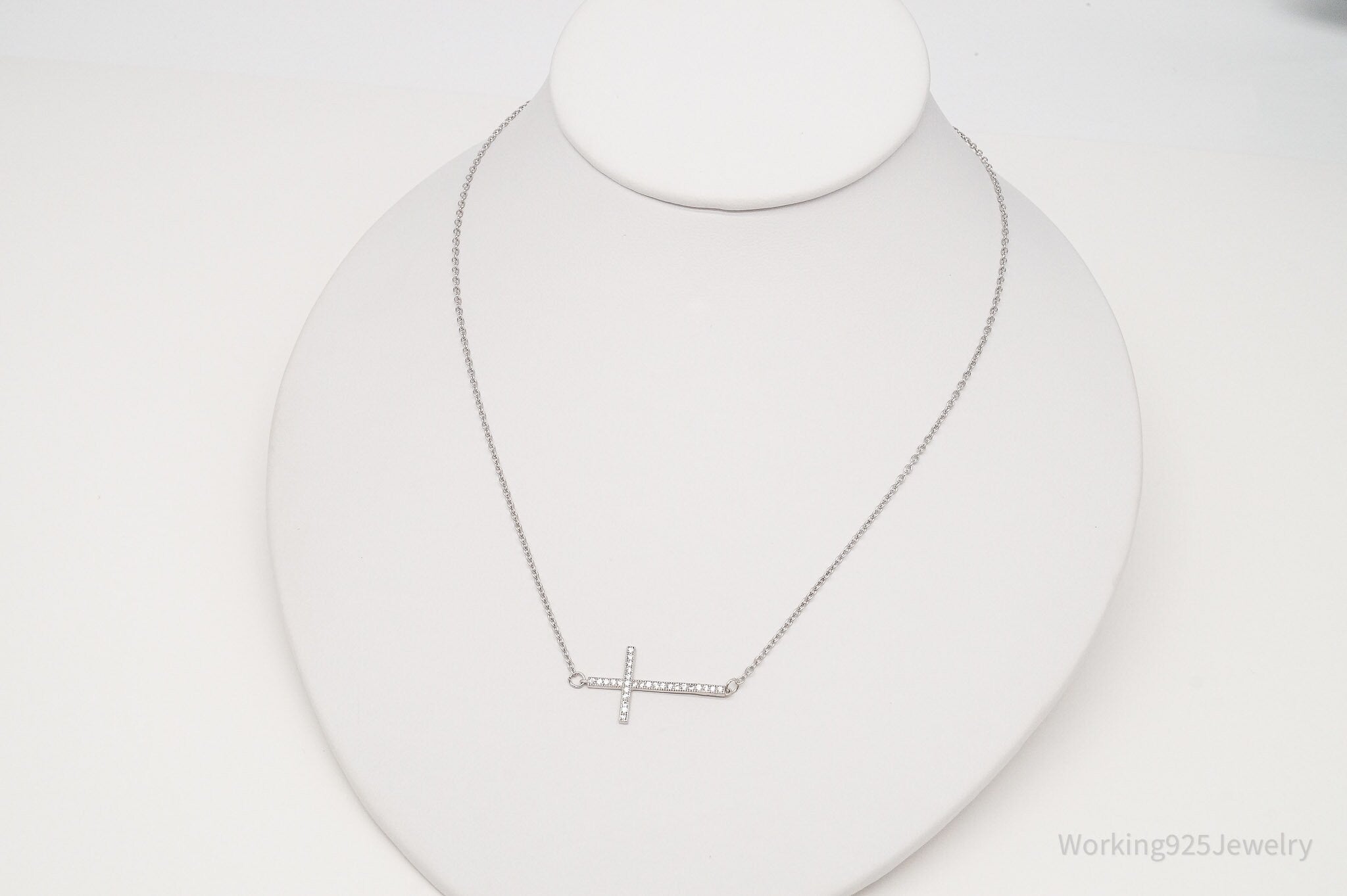 Vintage Cubic Zirconia Cross Sterling Silver Necklace 18"