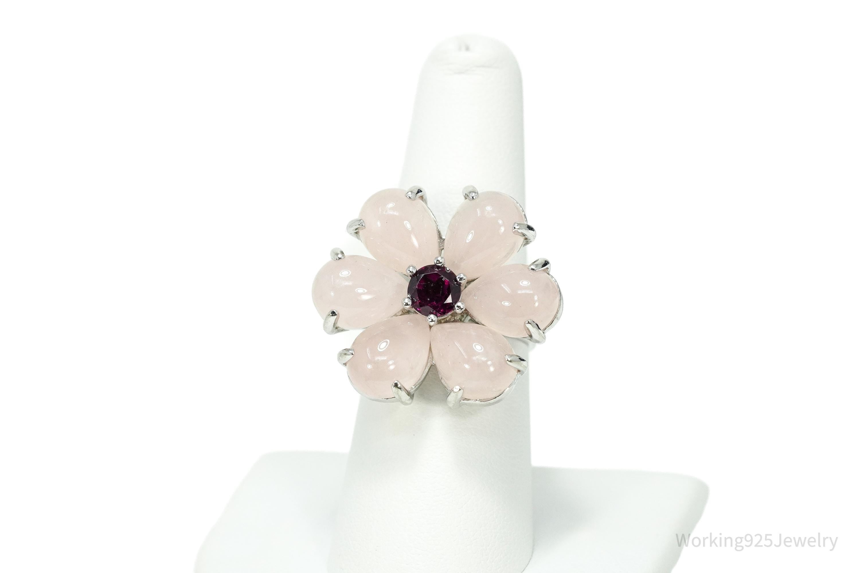 Rose Quartz & Rhodolite Garnet Sterling Silver Flower Ring - Size 7