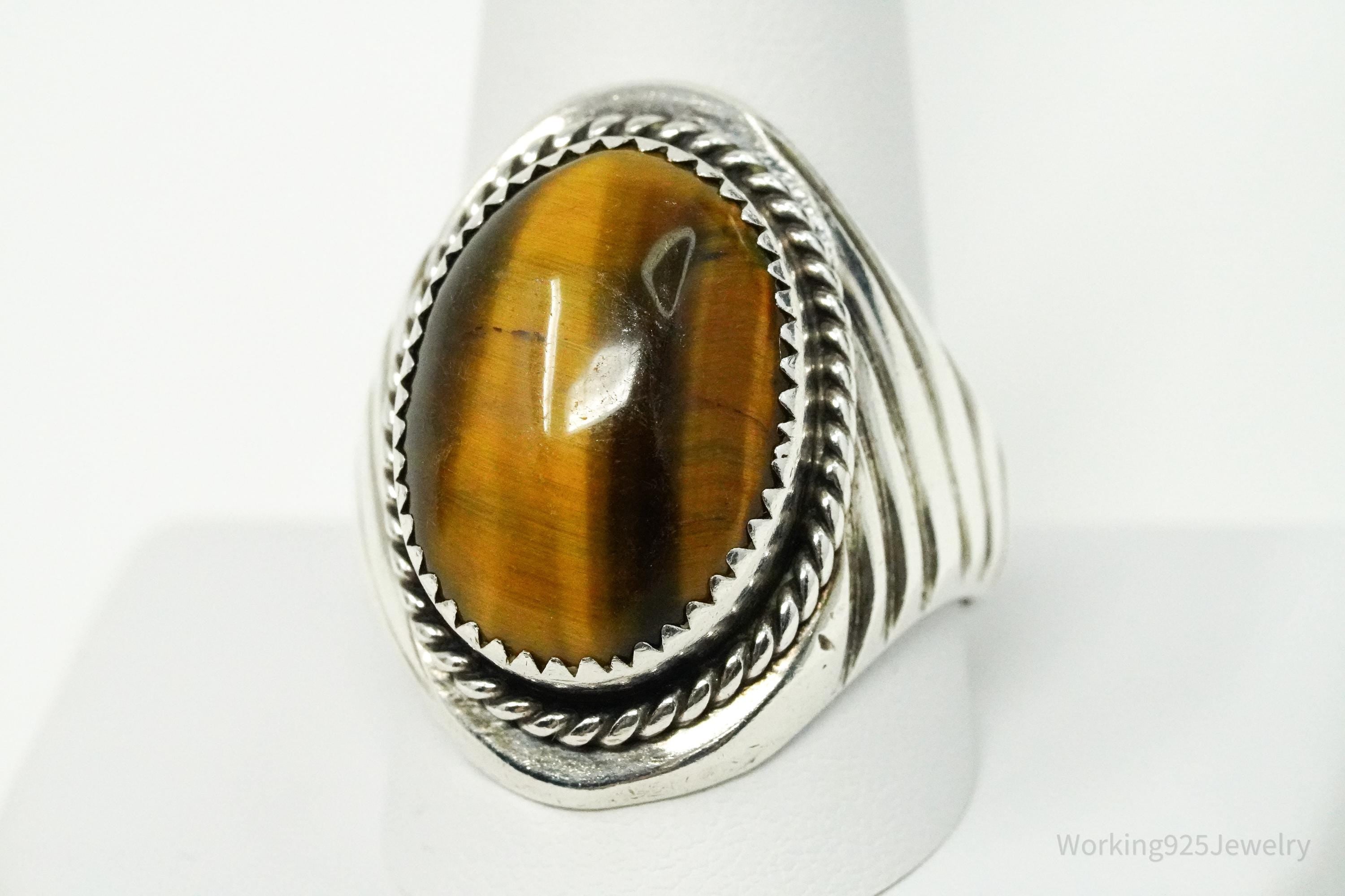Vintage Native American Tiger's Eye Unsigned Silver Ring Size 12.25