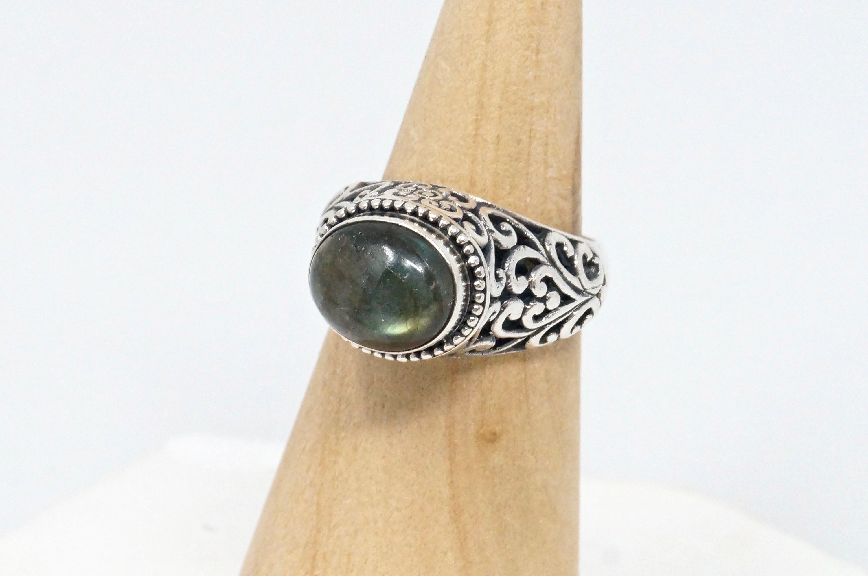 Vintage Large Labradorite Heart Scroll Motif Sterling Silver Statement Ring Sz 9