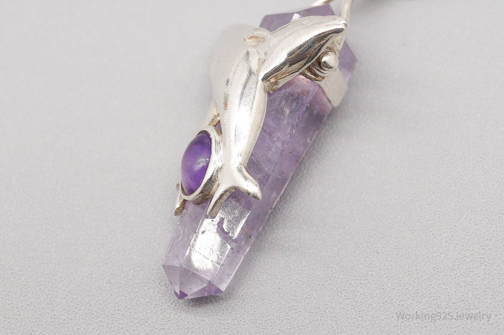 Vintage Amethyst Crystal Dolphins Sterling Silver Necklace 16"