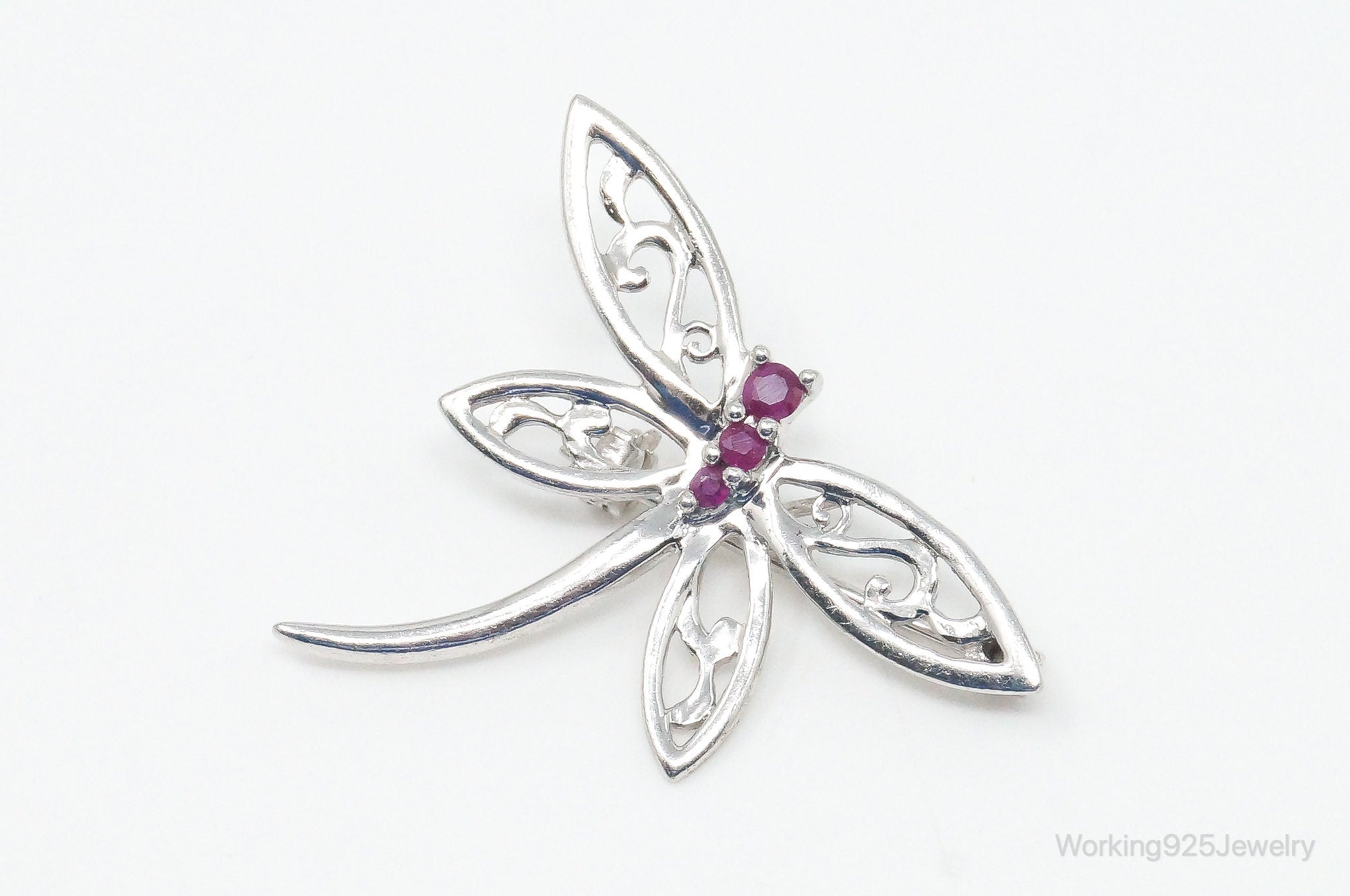 Vintage Ruby Dragonfly Sterling Silver Necklace Pendant Brooch Pin