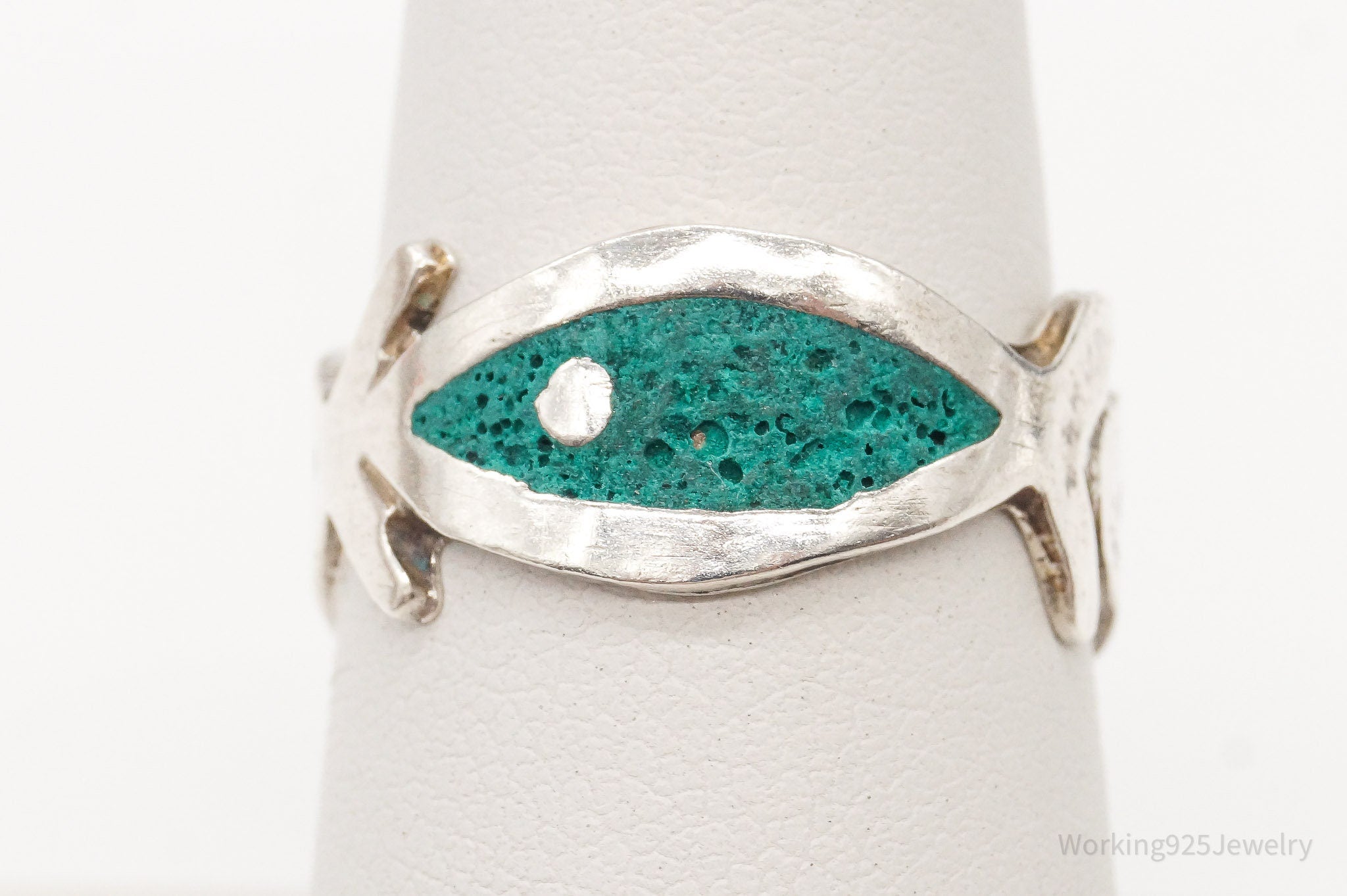 Vintage Mexico Handmade Turquoise Fish Sterling Silver Ring - Size 7.25