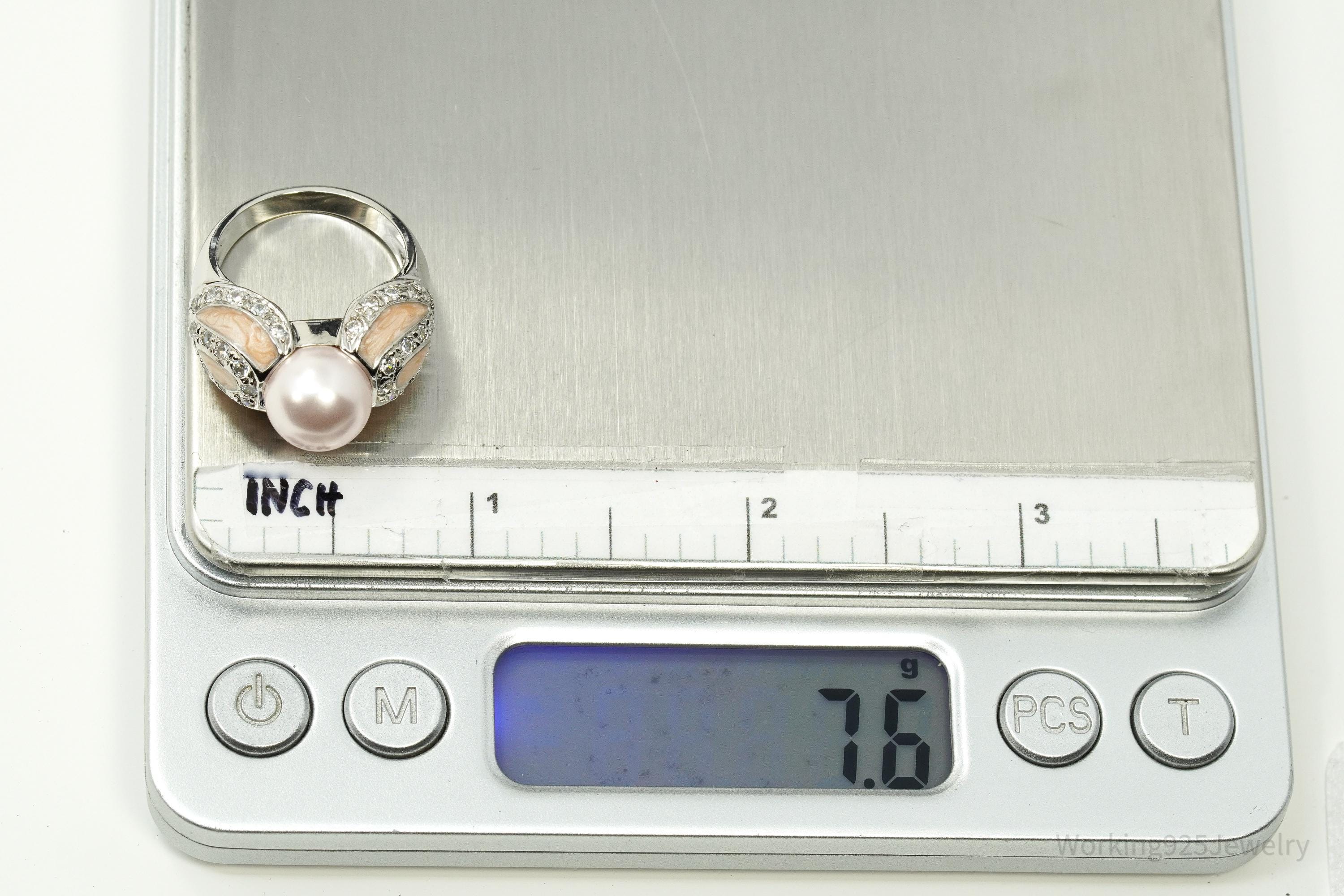 Vintage Ross Simons Pearl & Cubic Zirconia Enamel Sterling Silver Ring - Size 6.75