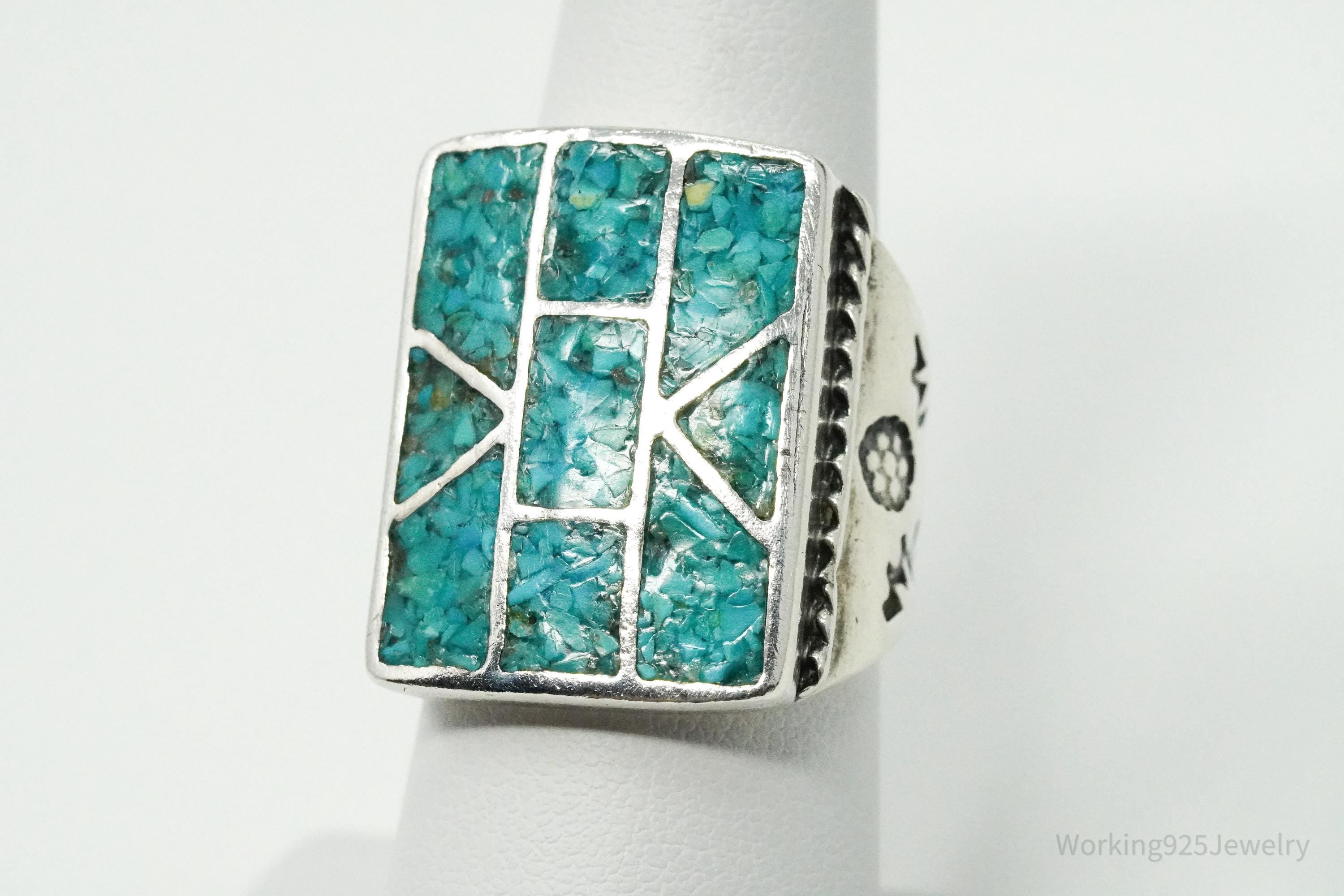 Vintage Native American Turquoise Inlay Unsigned Silver Ring - Size 7