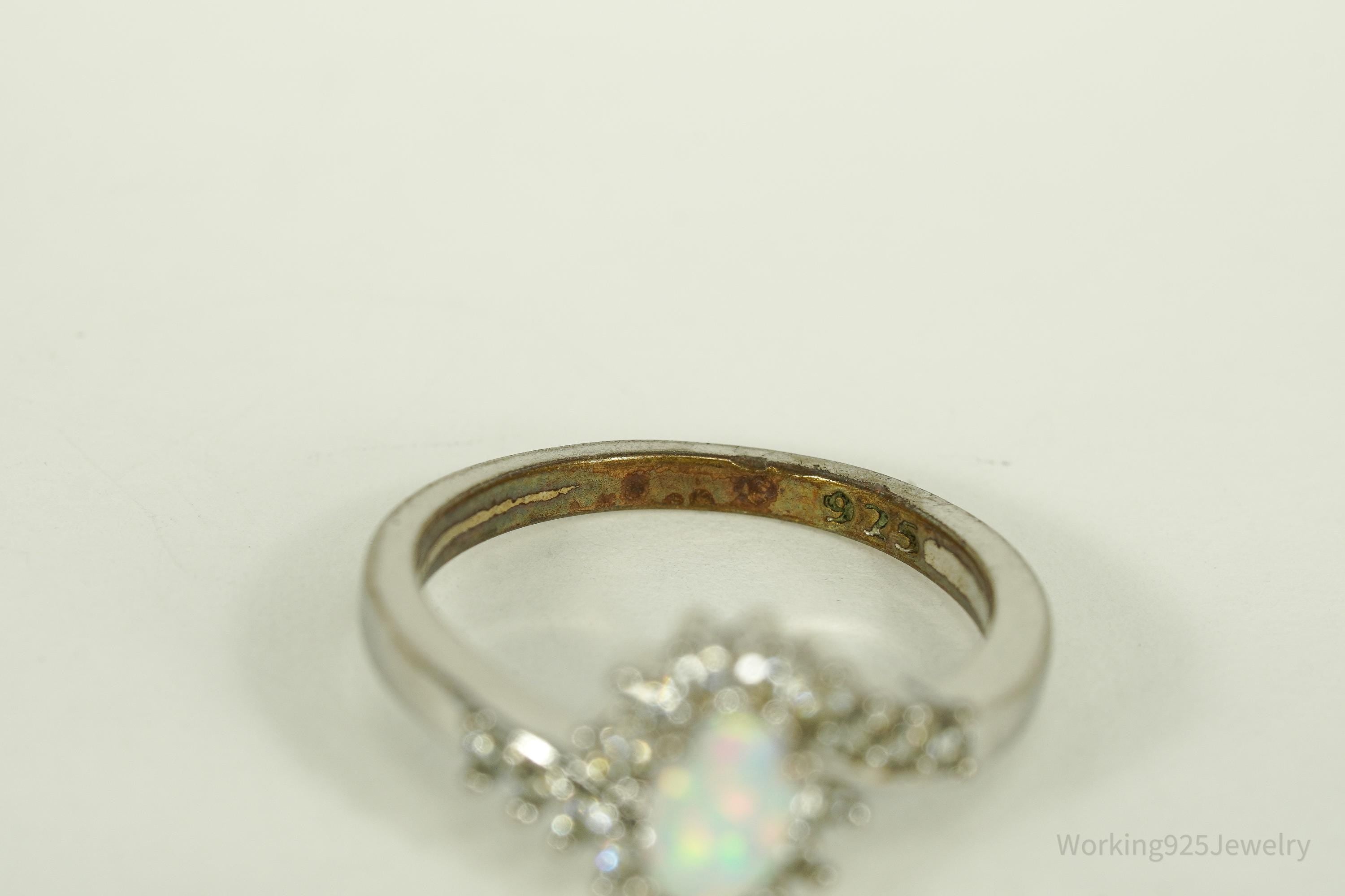 Vintage Opal & Cubic Zirconia Sterling Silver Plated Ring - Size 6