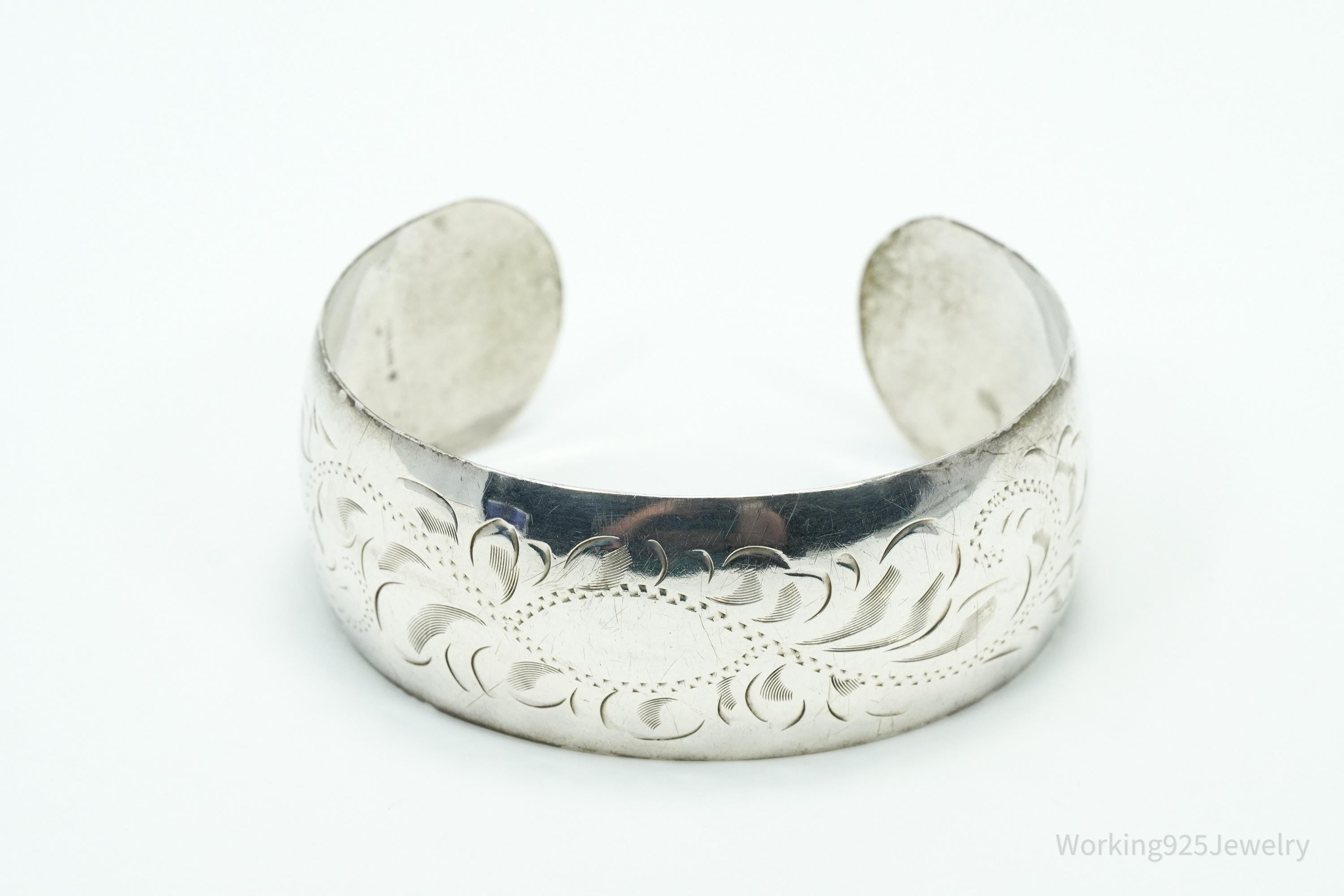 Antique Art Nouveau Floral Etched Sterling Silver Cuff Bracelet 7.25"