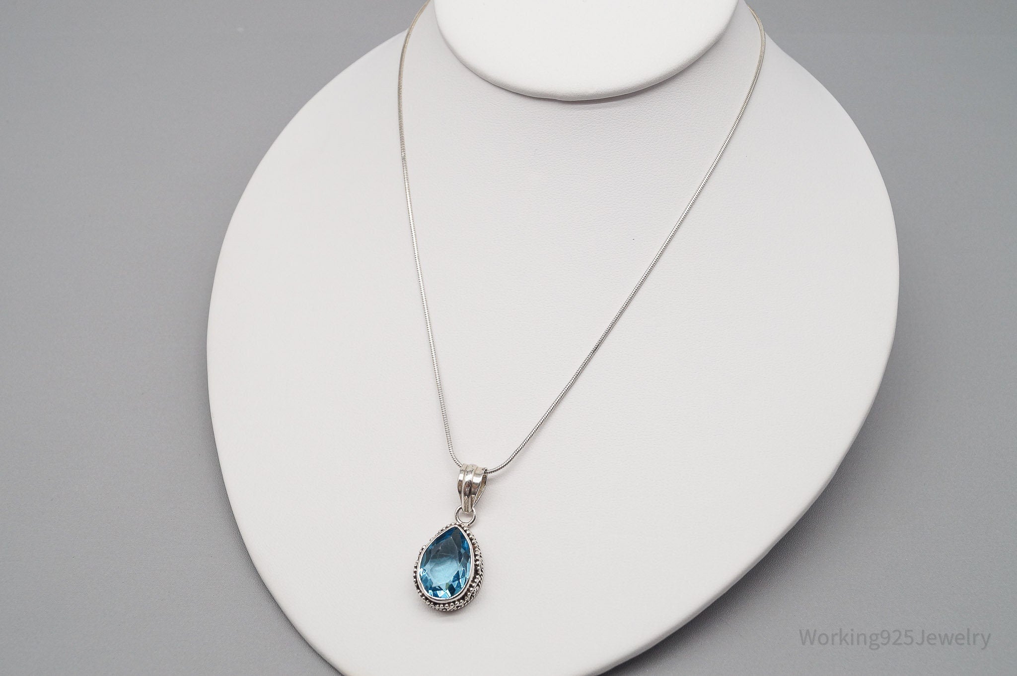 Vintage Large Blue Topaz Sterling Silver Necklace 20"