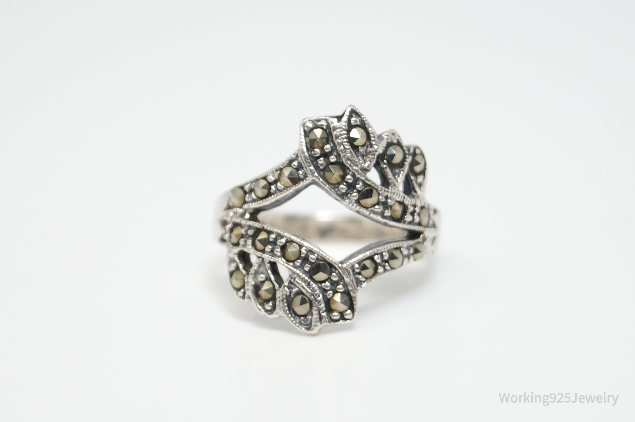 Vtg Art Deco Style Marcasite Ring Sterling Silver - Sz 8.75