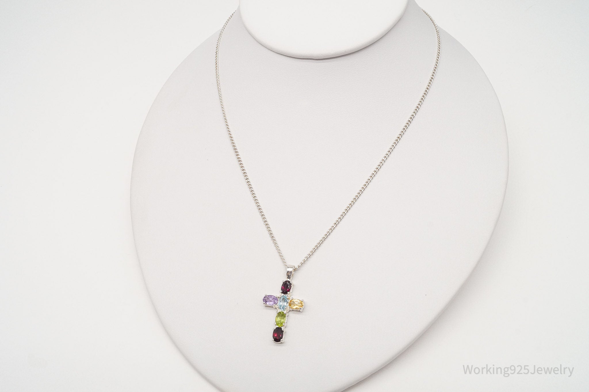 Vintage Multi Gemstone Cross Sterling Silver Necklace 16"