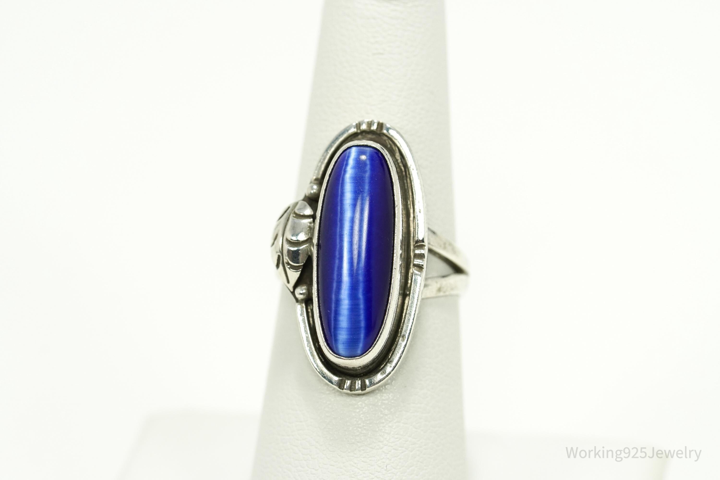 Vintage Mexico Blue Tigers Eye Sterling Silver Ring - Size 6.75