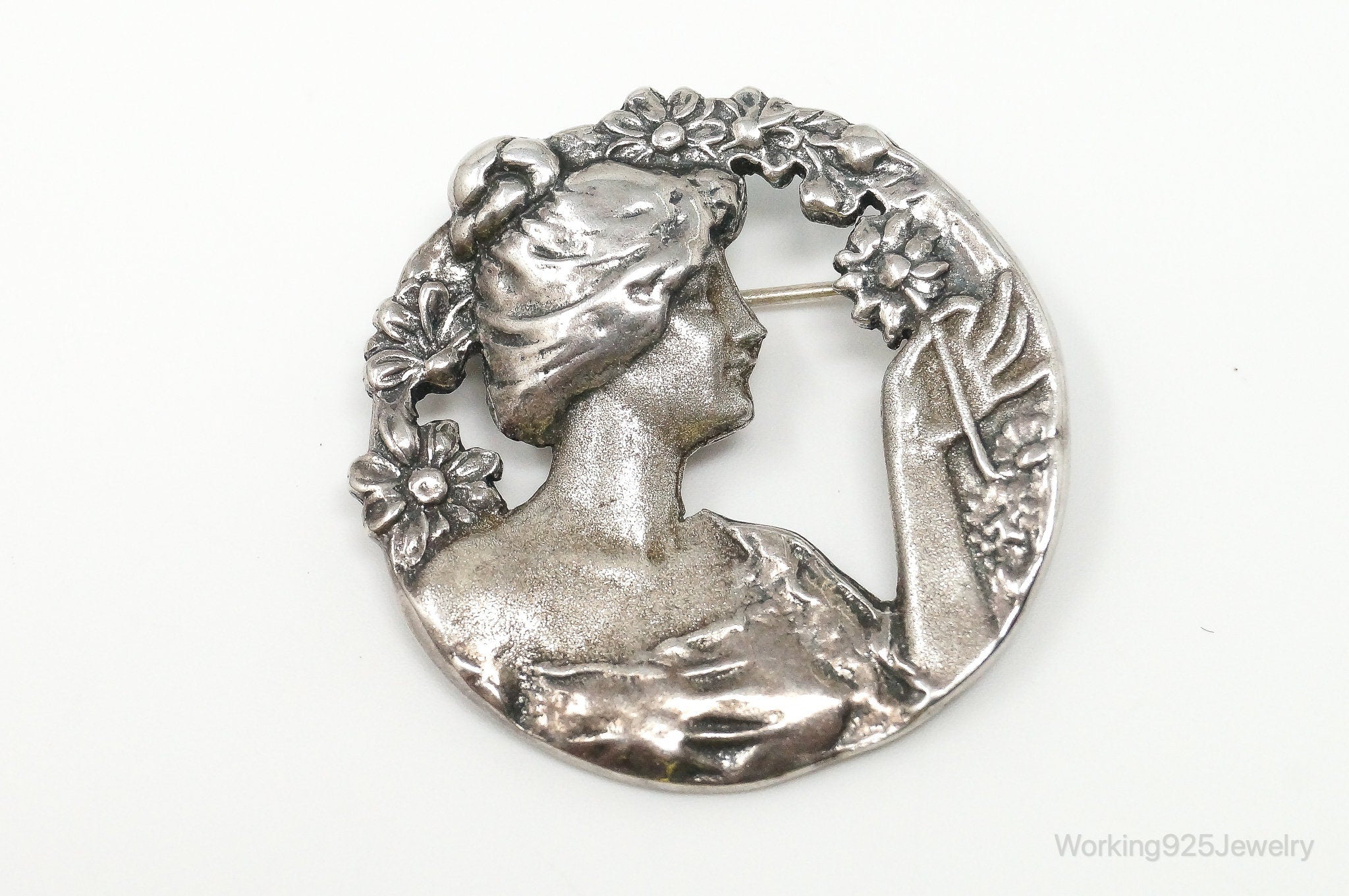 Vintage Large Cut Out Art Nouveau Woman Cameo Sterling Silver Pendant Pin