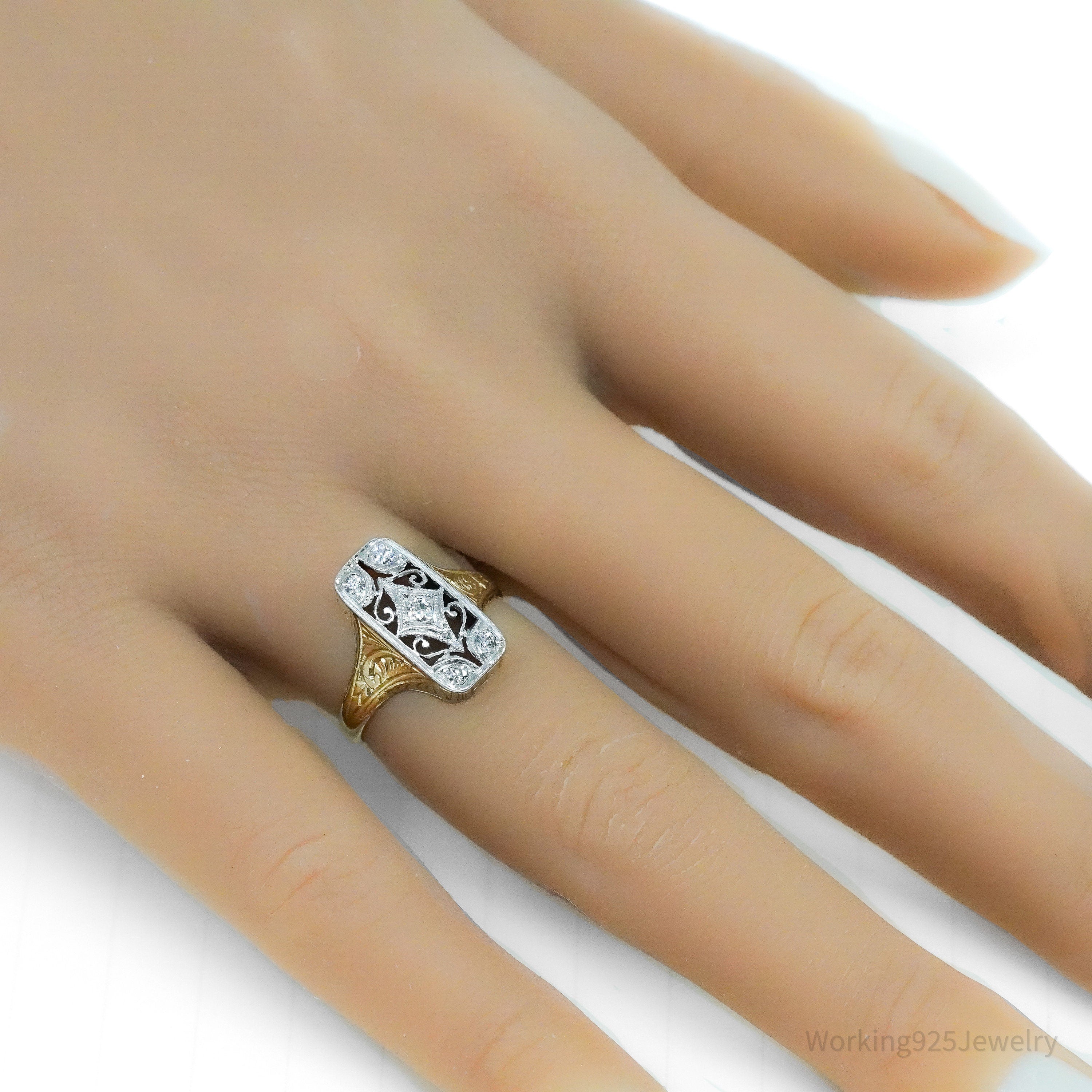 1920s 14k Yellow Gold & Platinum European Cut Diamond Ring - Size 5 1/4