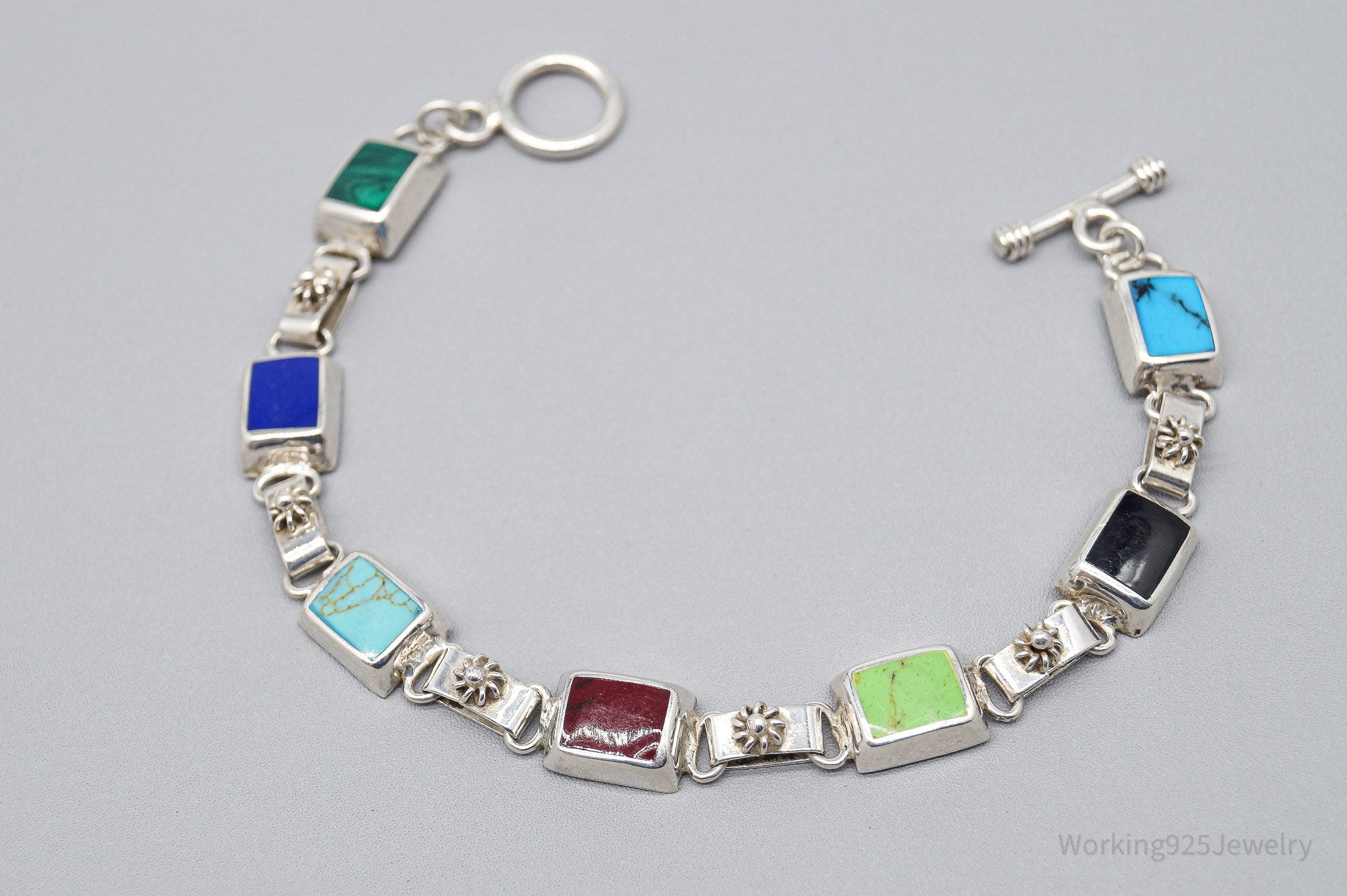 Vintage Mexico Multi Gemstone Inlay Sterling Silver Toggle Bracelet 8"