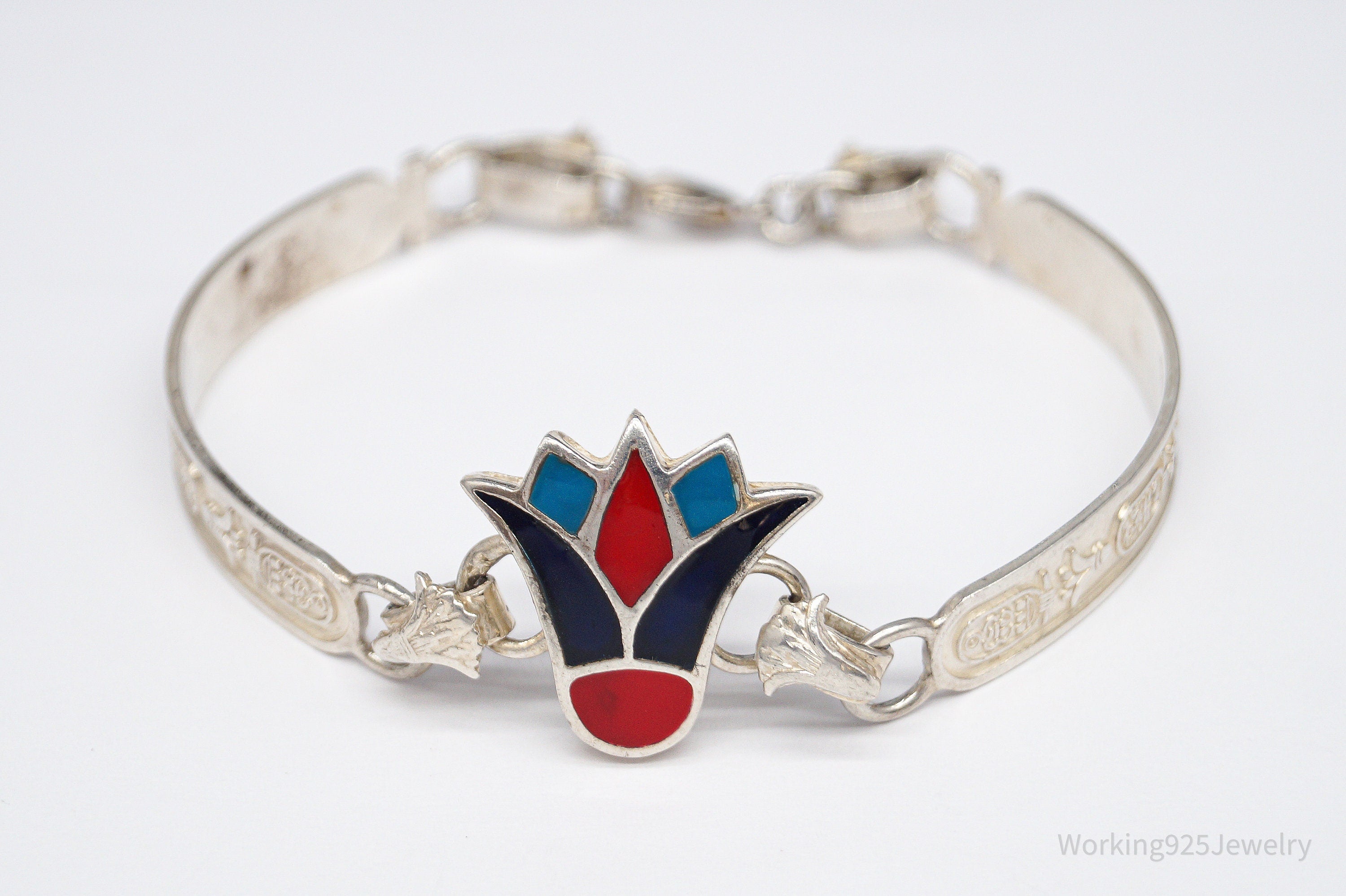 Vintage Egyptian Enamel Lotus & Cartouche Silver Bracelet - 7.25"