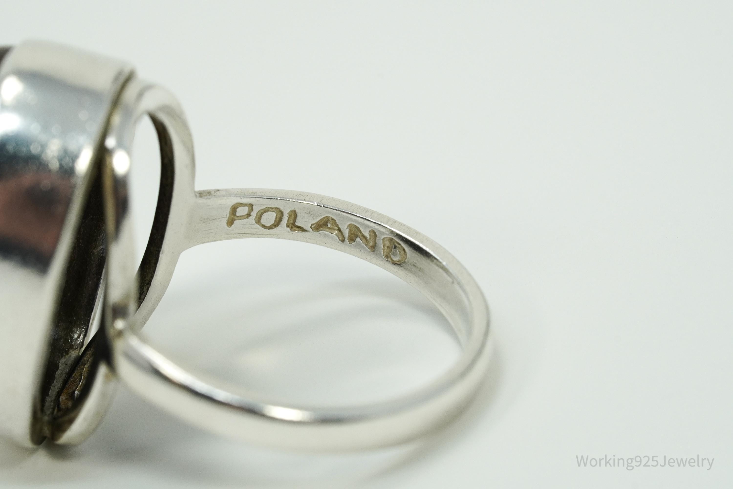 Vintage Polish Large Amber Sterling Silver Ring - Size 7