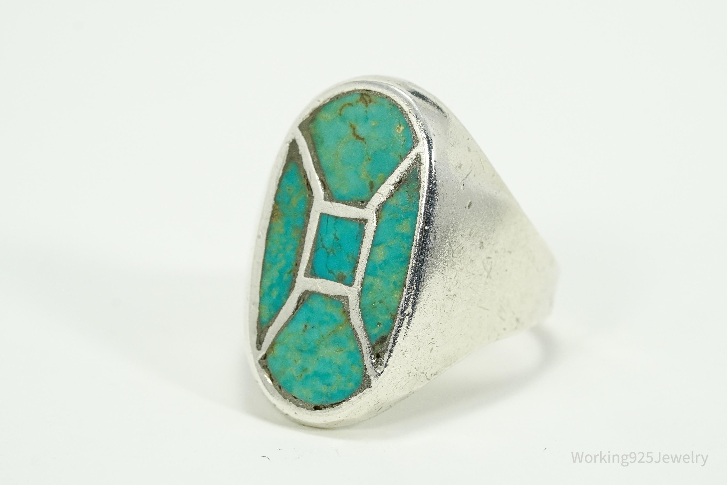 Vintage Native American Turquoise Inlay Heavy Silver Ring - Size 12.25