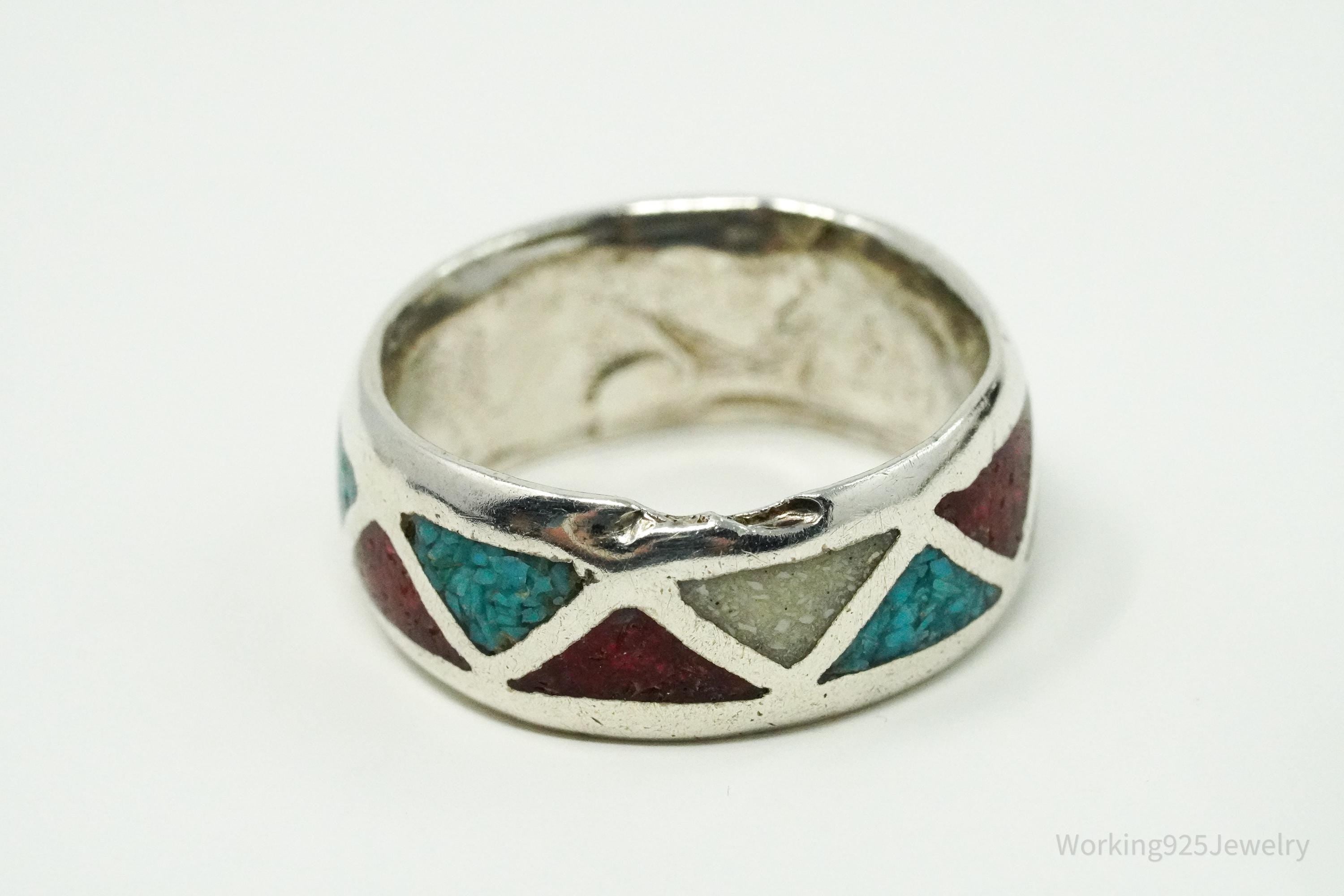 Vintage Native American Stone Inlay Unsigned Silver Ring - Size 7.25