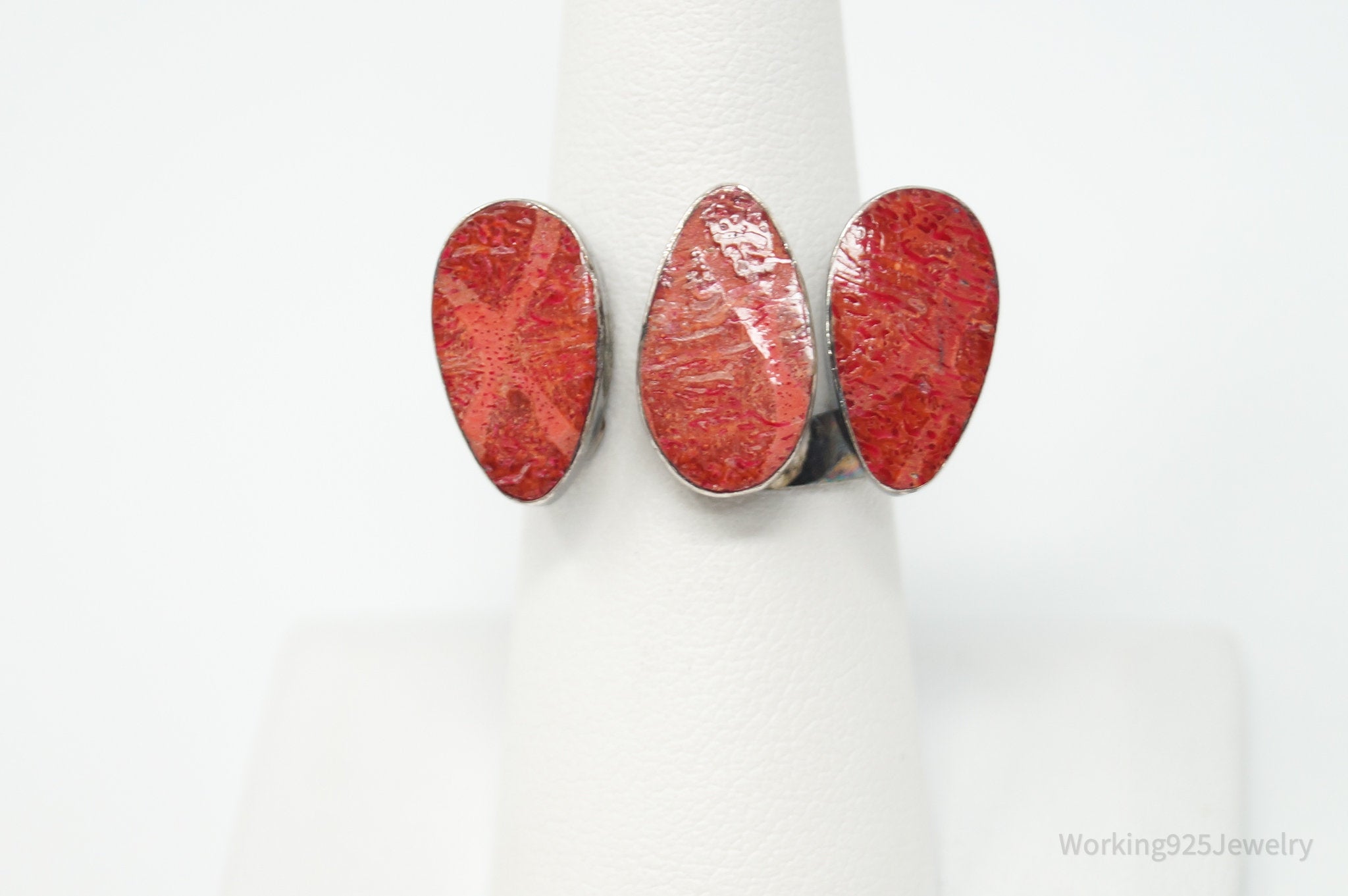 Vintage Native American Coral Unsigned Sterling Silver Ring - Sz 6.5 Adjustable