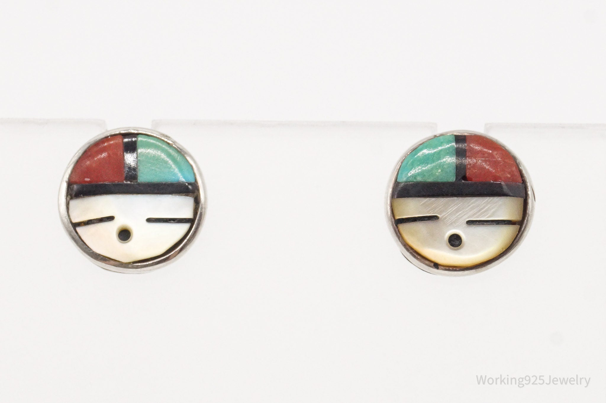 Vintage Native American Zuni Multi Gemstone Silver Earrings