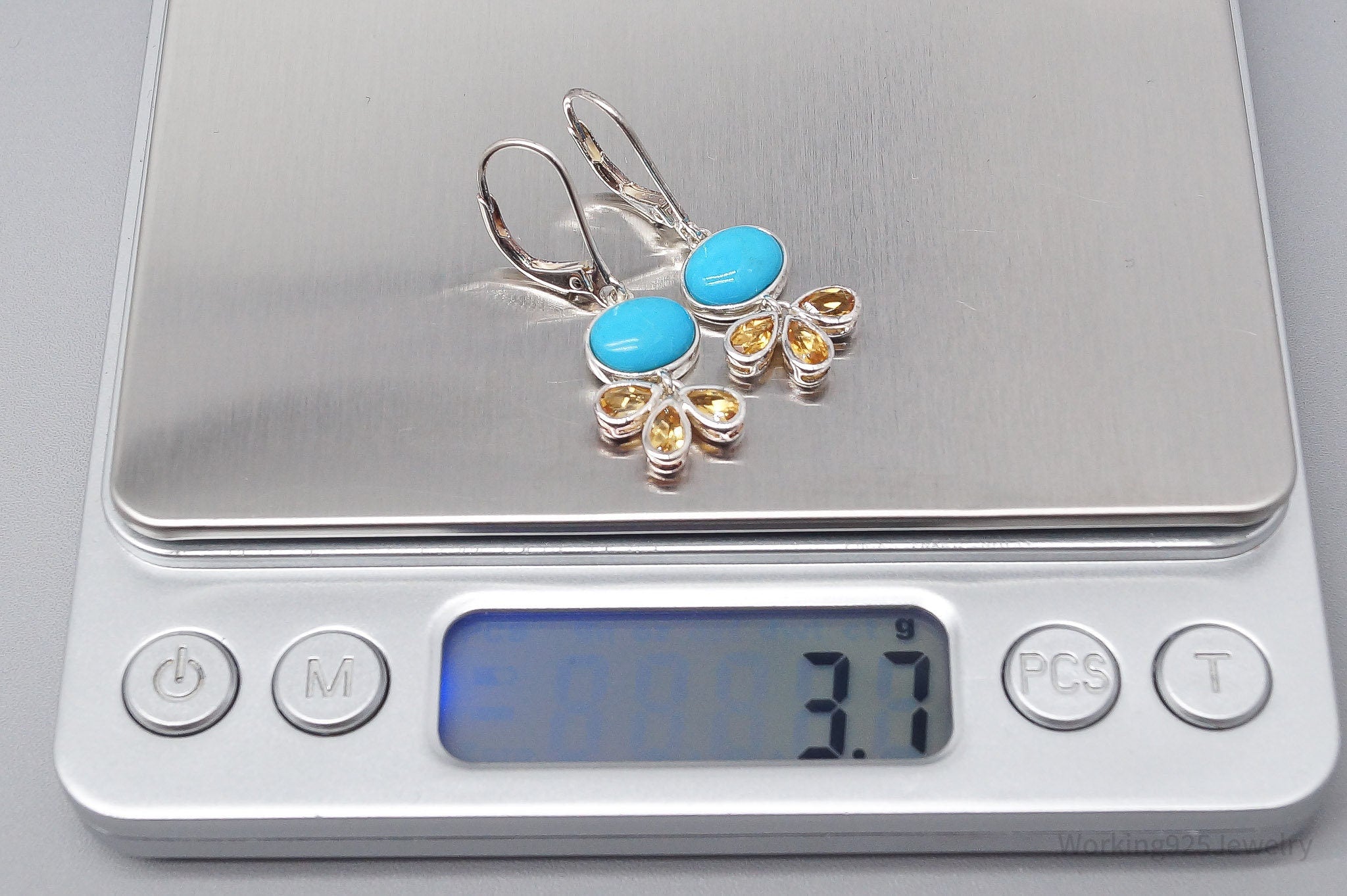 Vintage Blue Turquoise & Citrine Sterling Silver Earrings