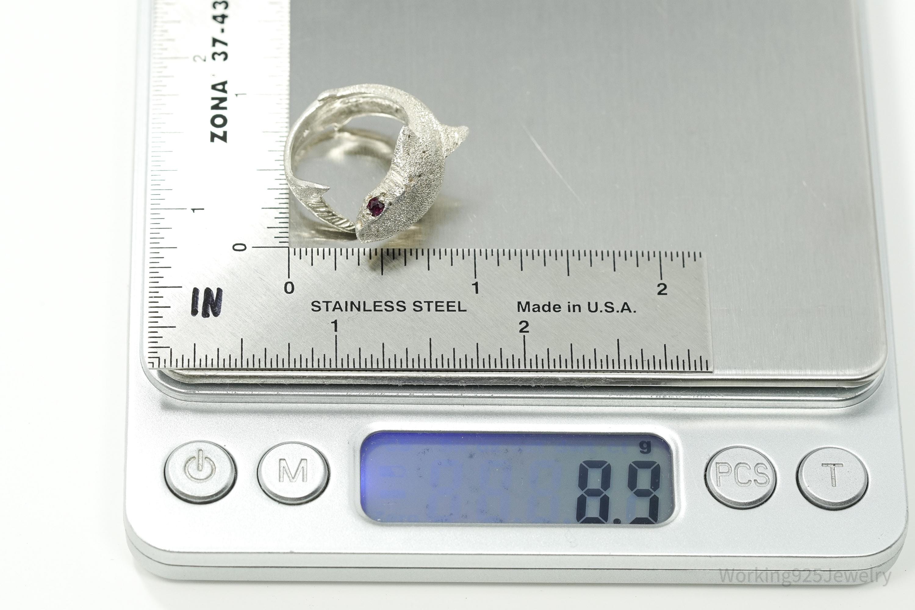 Vintage Ruby Eyed Shark Sterling Silver Wrap Ring - Size 6.25