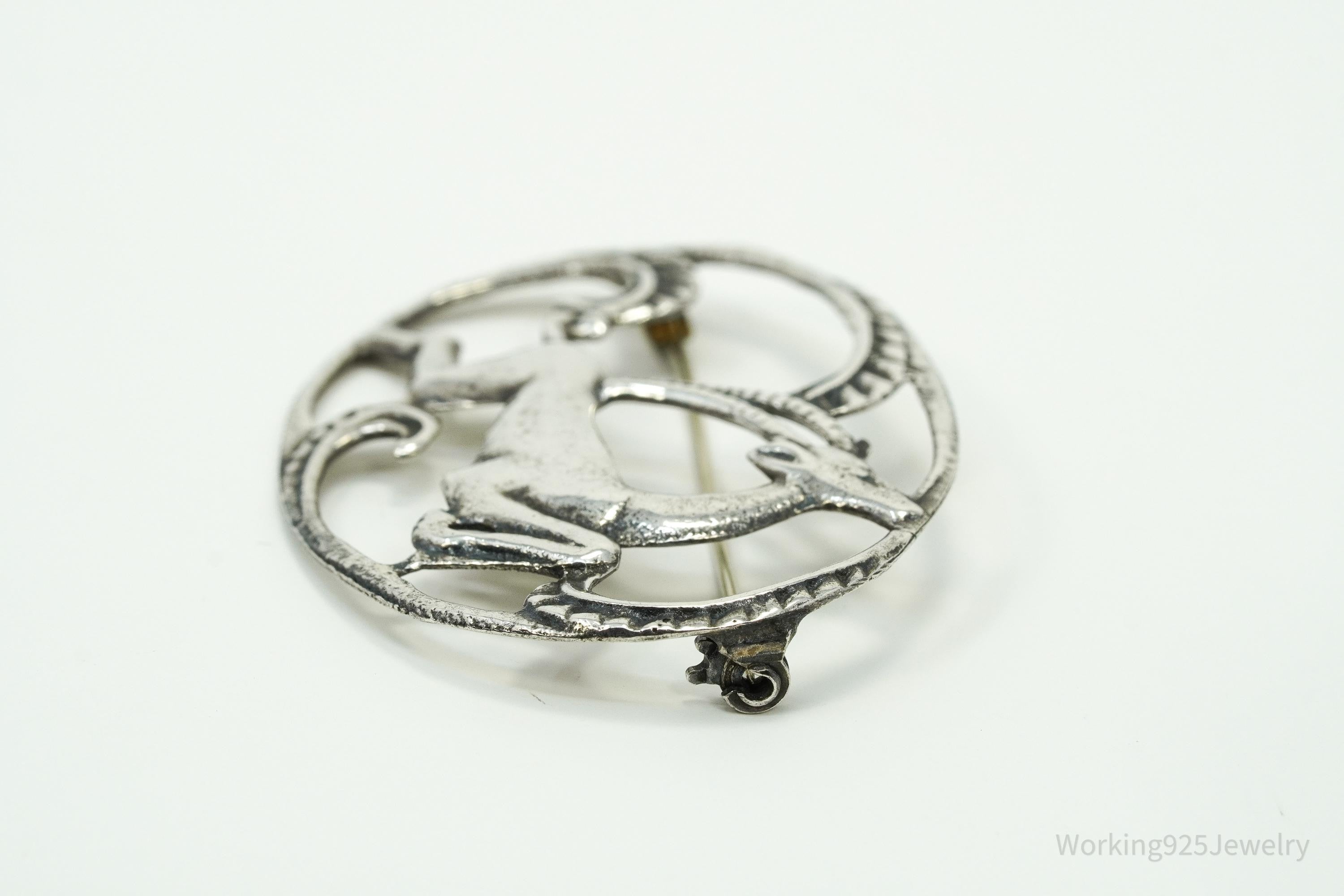 Large Antique Gazelle Sterling Silver Brooch Pin