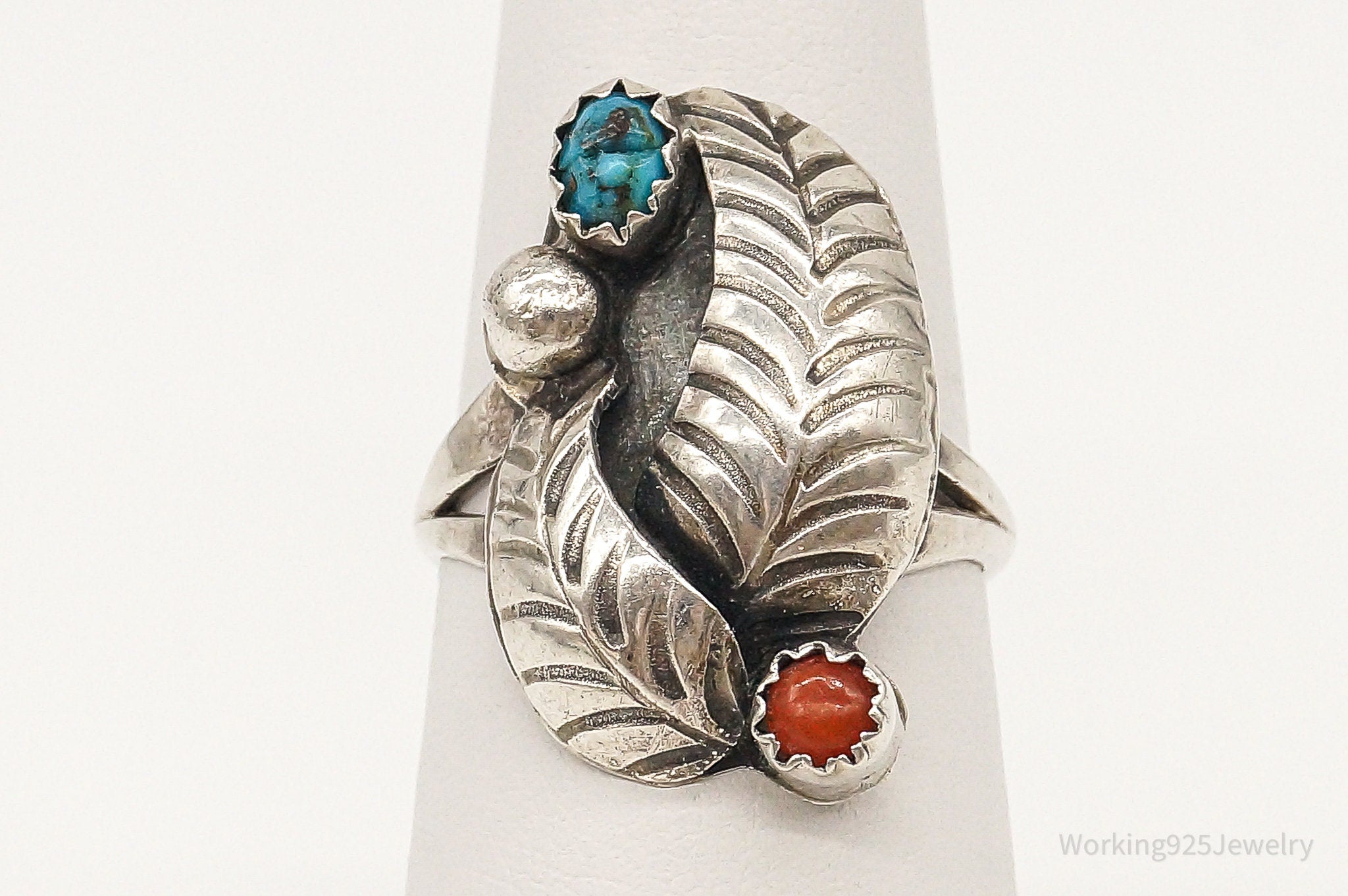 Vintage Native American Turquoise Coral Unsigned Sterling Silver Ring - SZ 6.25