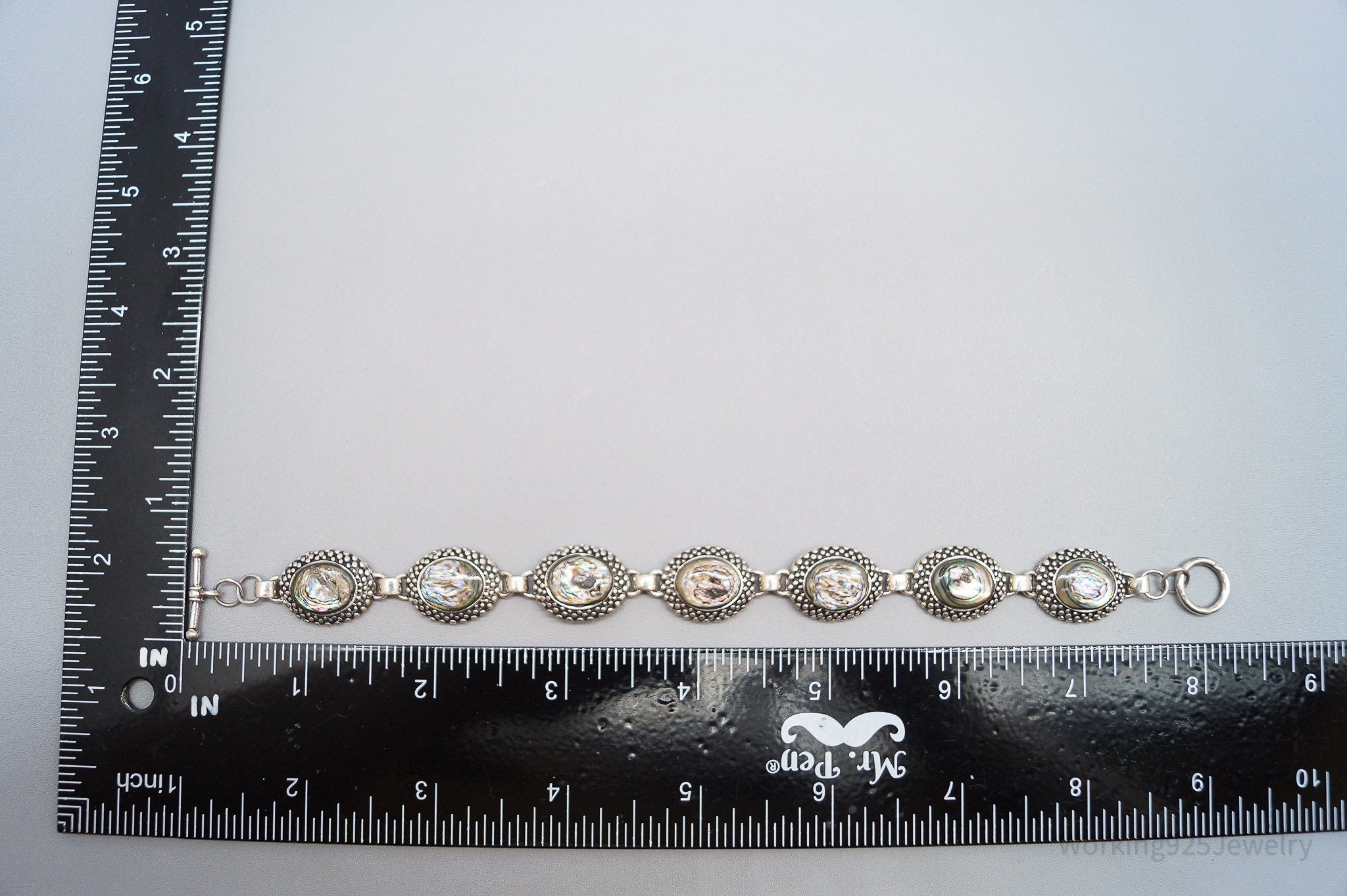 Vintage Paua Abalone Shell Inlay Sterling Silver Bracelet 8.25"