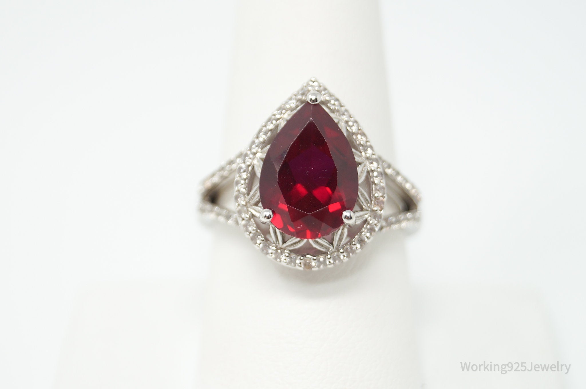 Vtg Designer DK Mid Century Style Lab Ruby CZ Ring Sterling Silver - Size 9