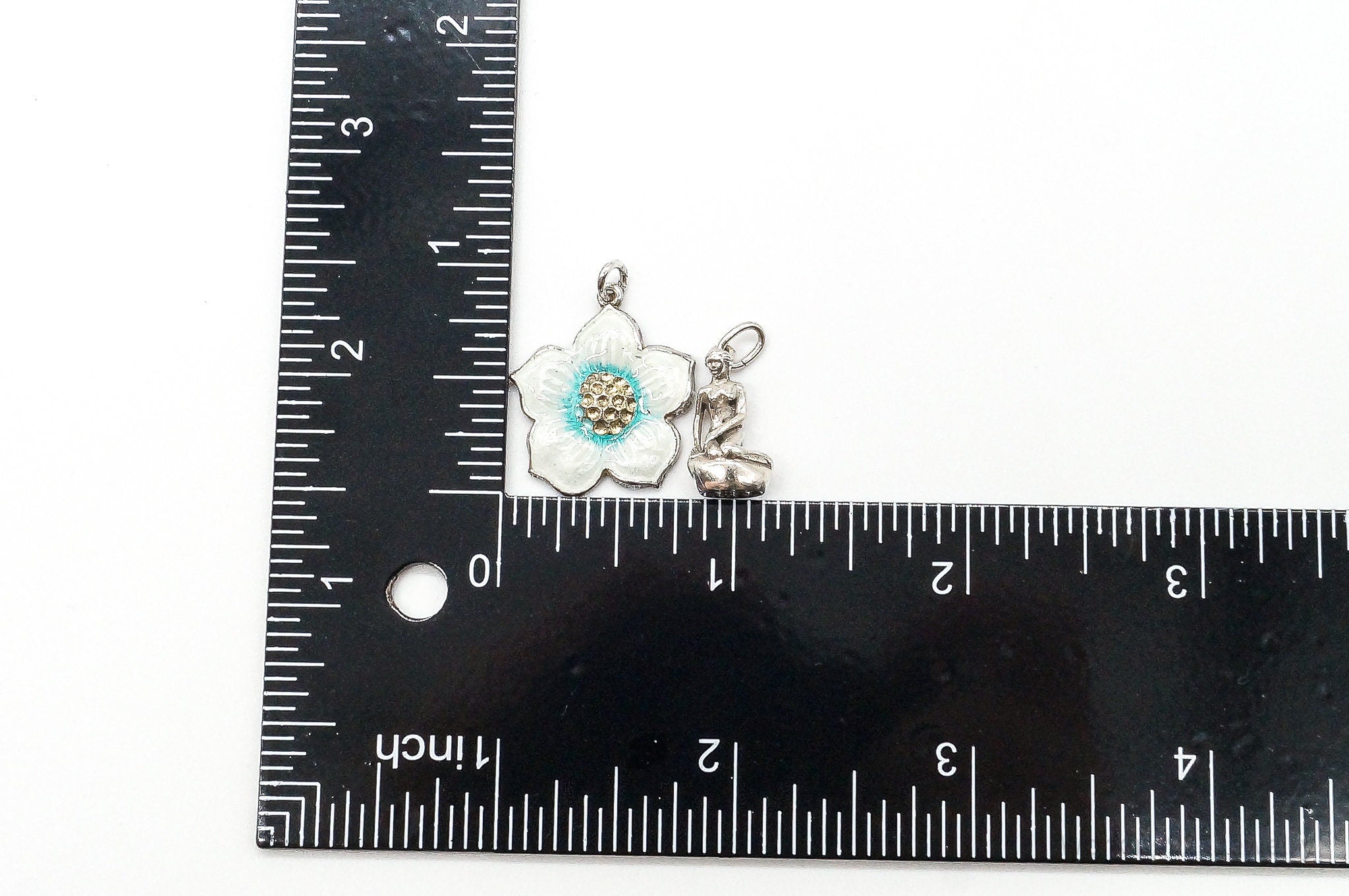 Vintage Modernist Enamel Flower Little Mermaid Sterling Silver Pendants