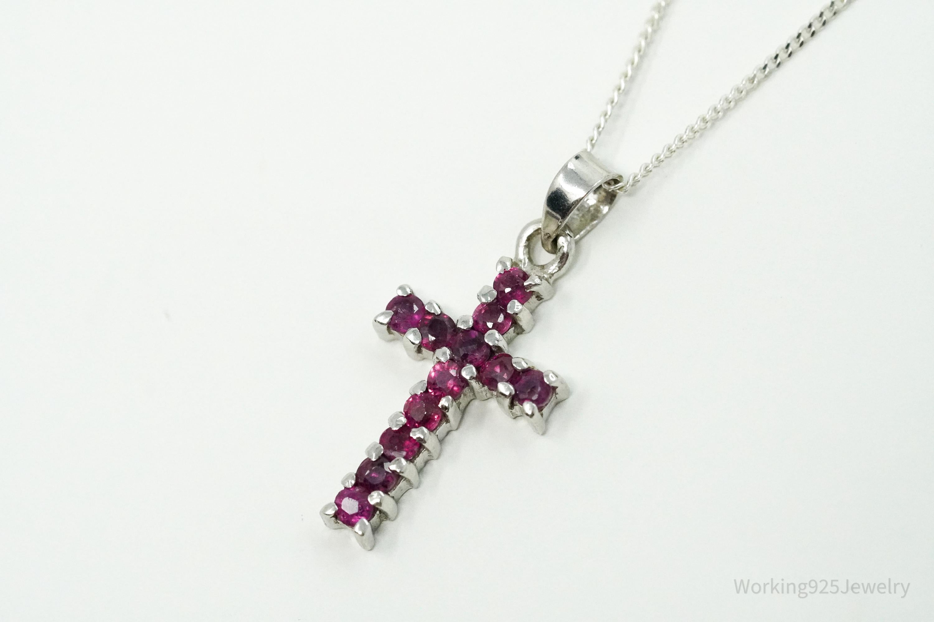 Vintage Ruby Cross Sterling Silver Necklace 16"