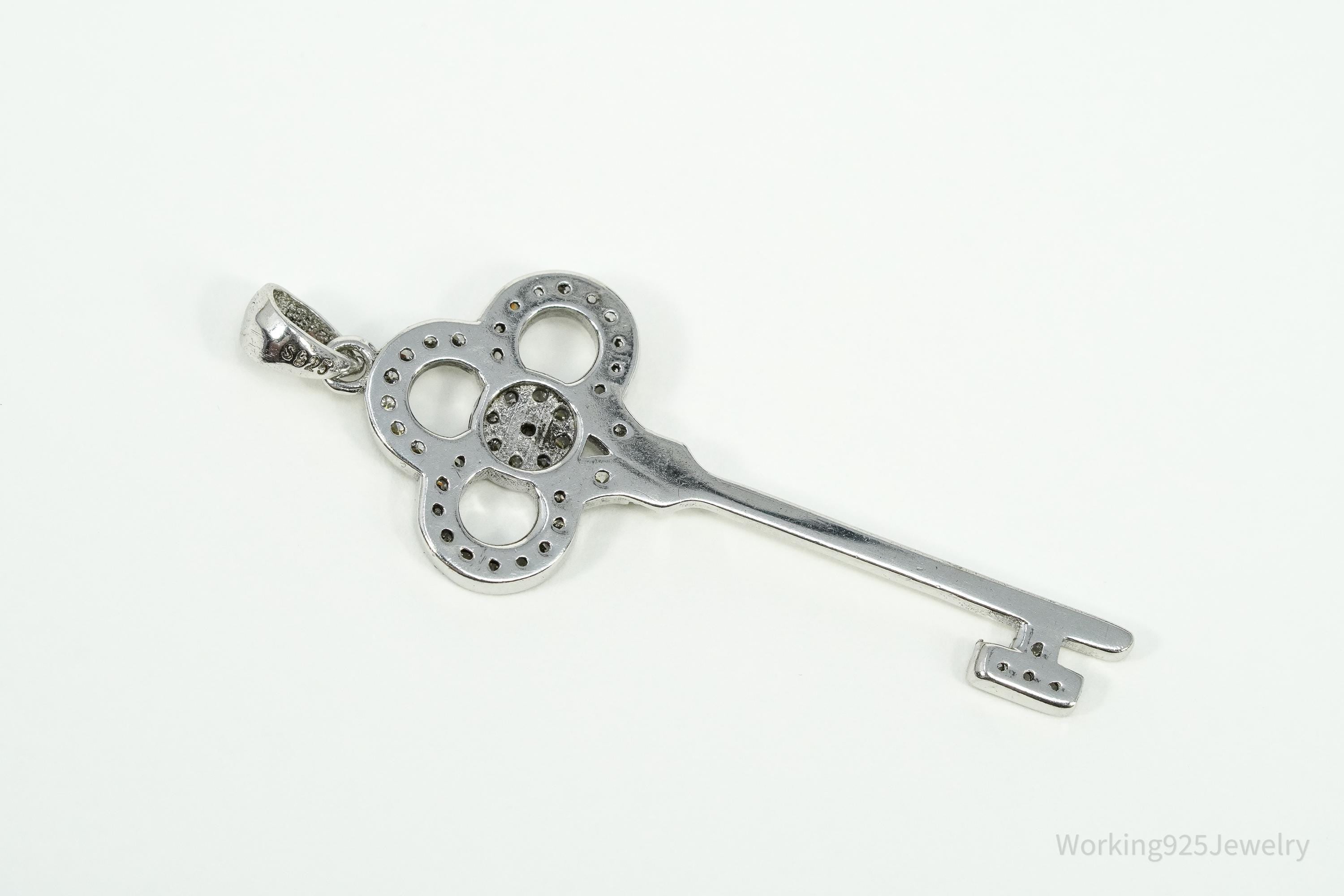 Vintage Cubic Zirconia Sterling Silver Key Pendant 1 11/16"