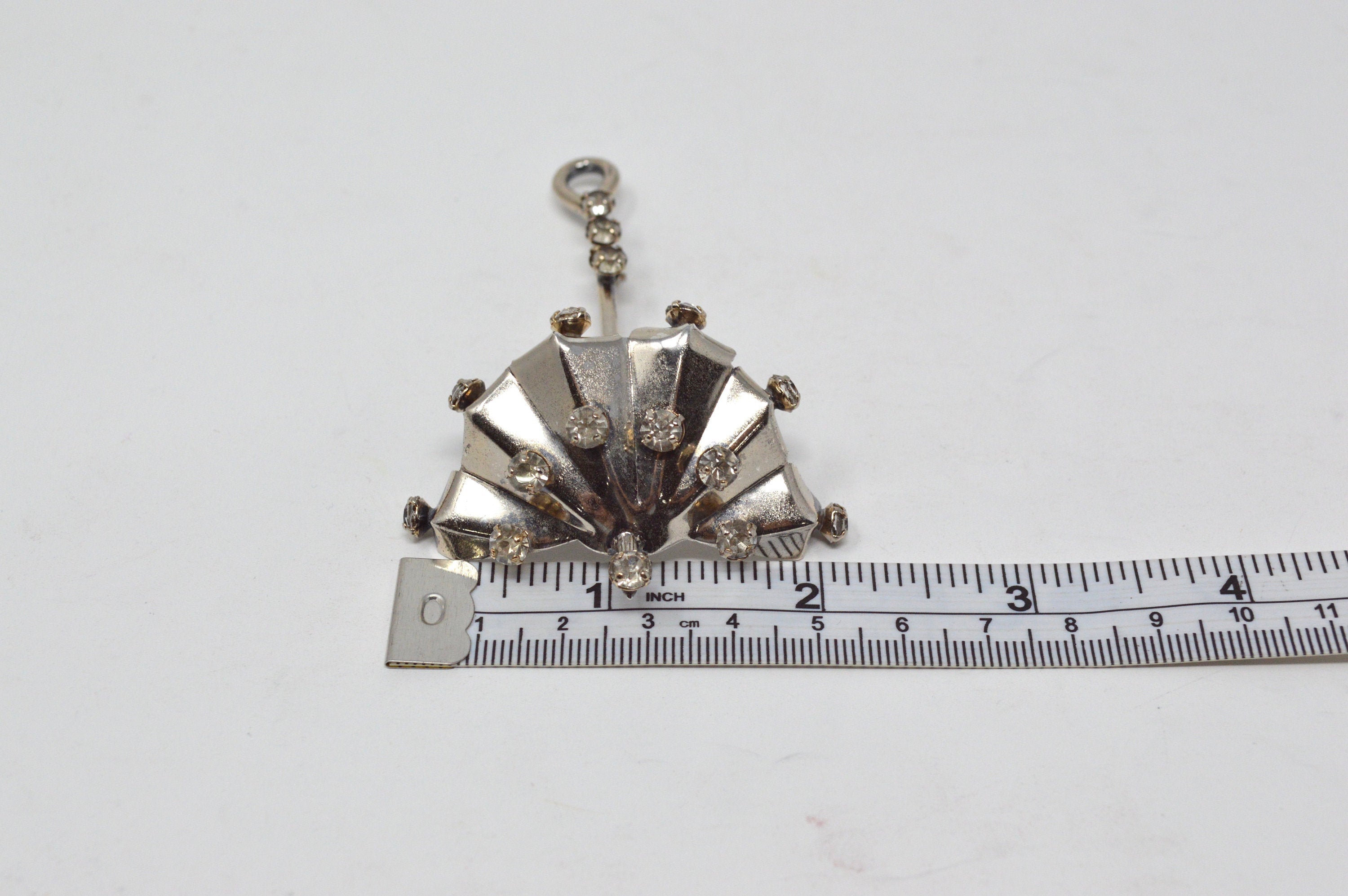 Vintage Rhinestone and Sterling Silver Umbrella Brooch / Pin -