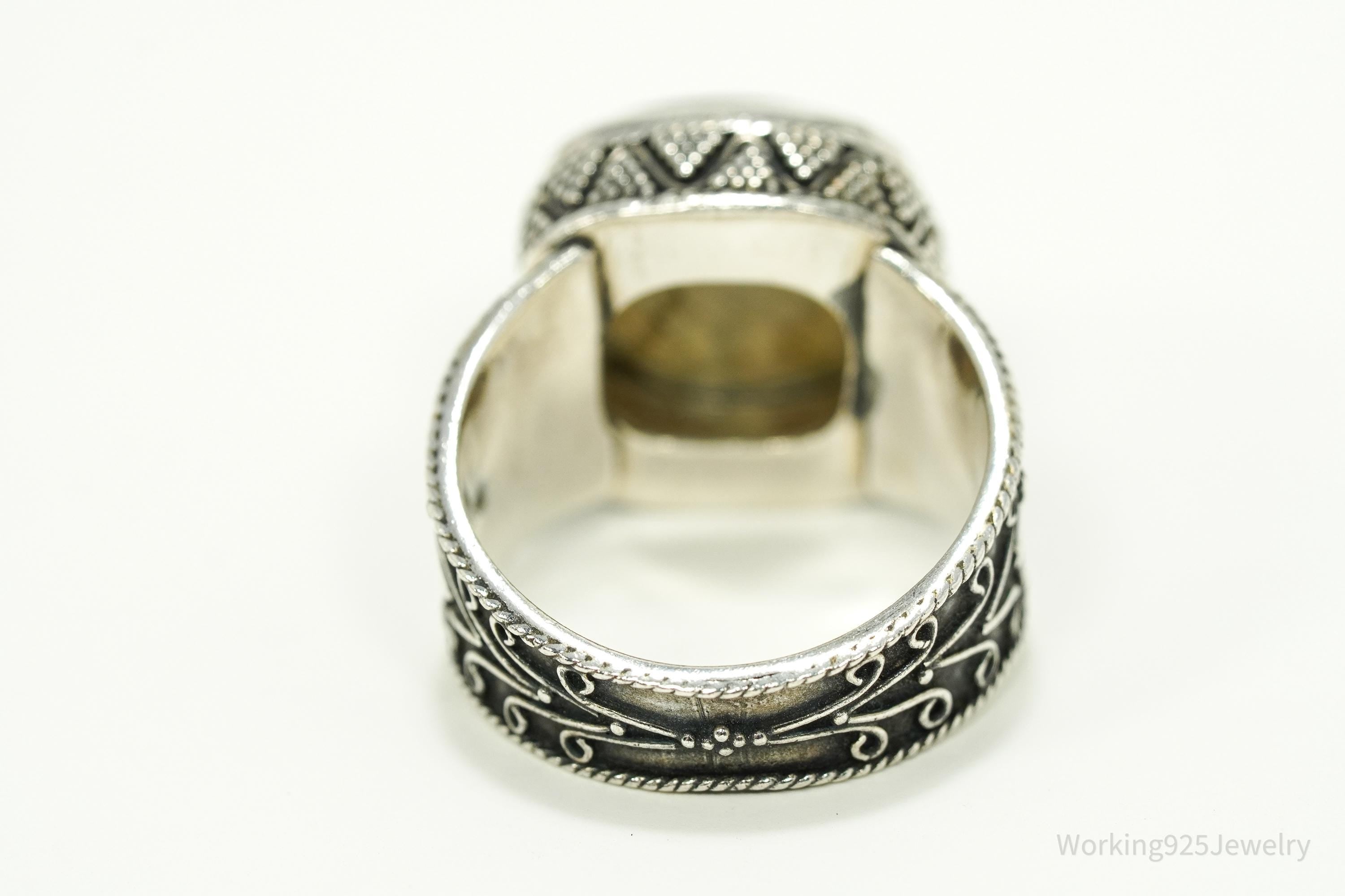 Vintage Large Labradorite Ornate Sterling Silver Ring - SZ 10.25