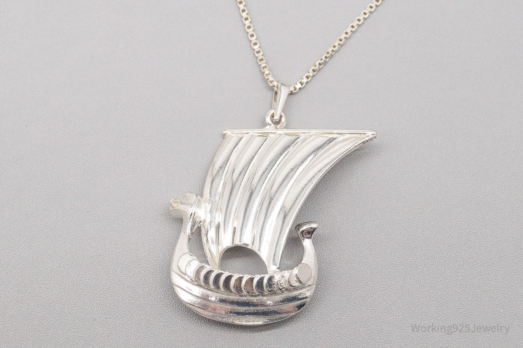 Rare Vintage Modernist Hermann Siersbøl Viking Ship Sterling Silver Necklace - 24"